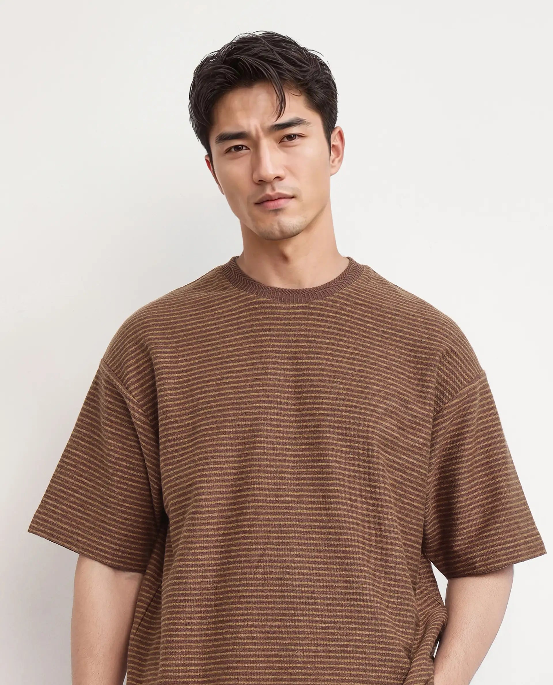 Rare Rabbit Men's Pasco Melange Rust Cotton Striped Print Oversized Fit Half Sleeve Crew Neck T-Shirt