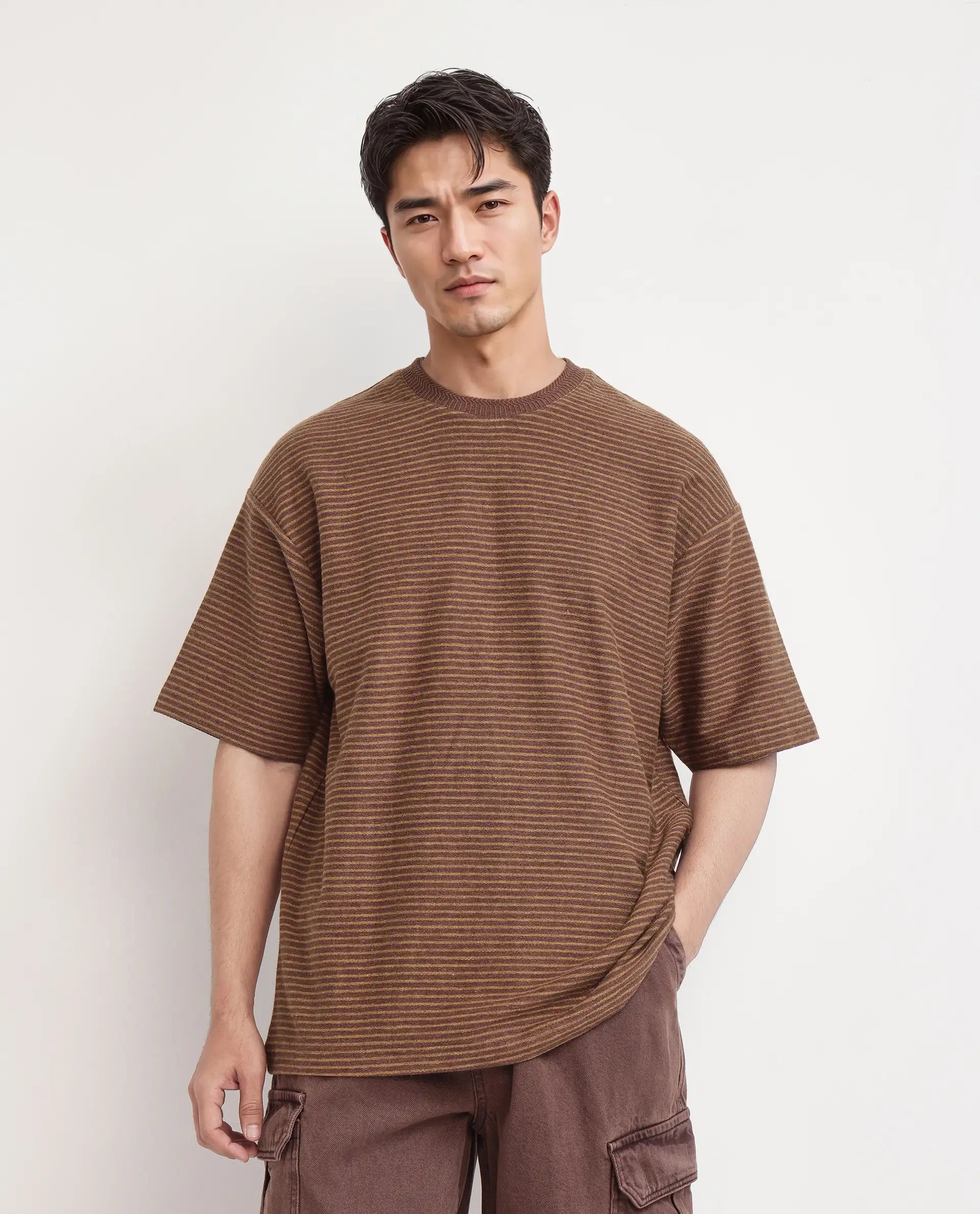 Rare Rabbit Men's Pasco Melange Rust Cotton Striped Print Oversized Fit Half Sleeve Crew Neck T-Shirt