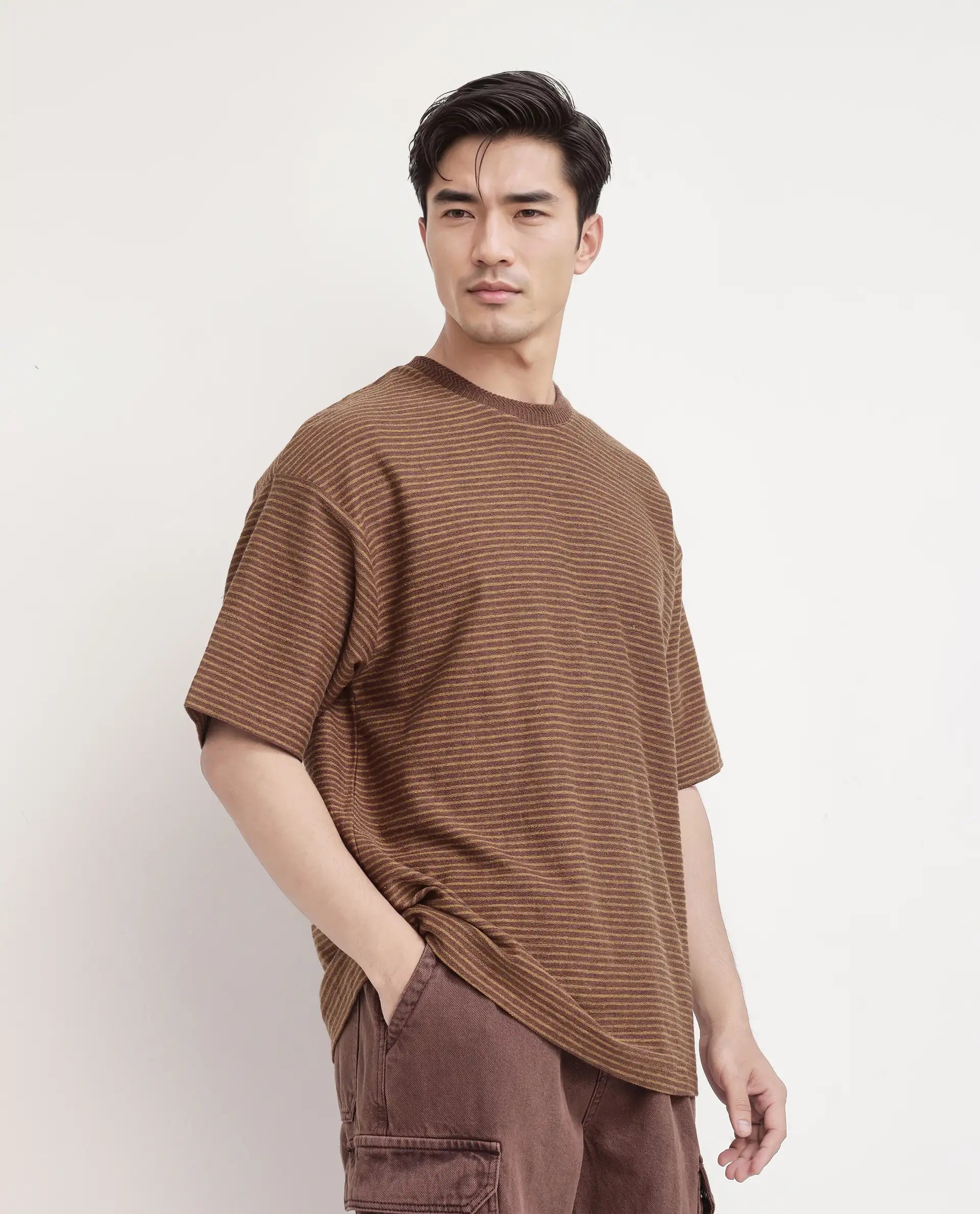 Rare Rabbit Men's Pasco Melange Rust Cotton Striped Print Oversized Fit Half Sleeve Crew Neck T-Shirt