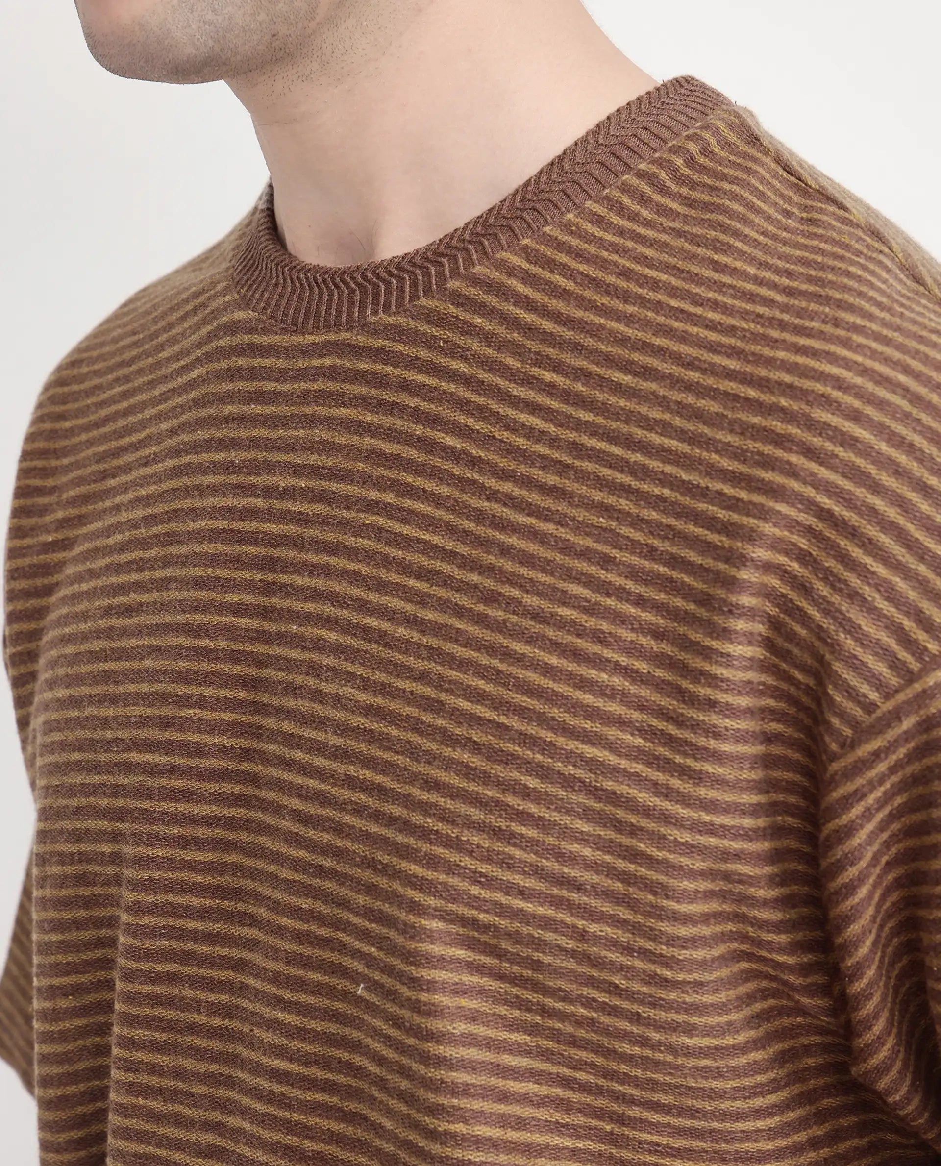 Rare Rabbit Men's Pasco Melange Rust Cotton Striped Print Oversized Fit Half Sleeve Crew Neck T-Shirt