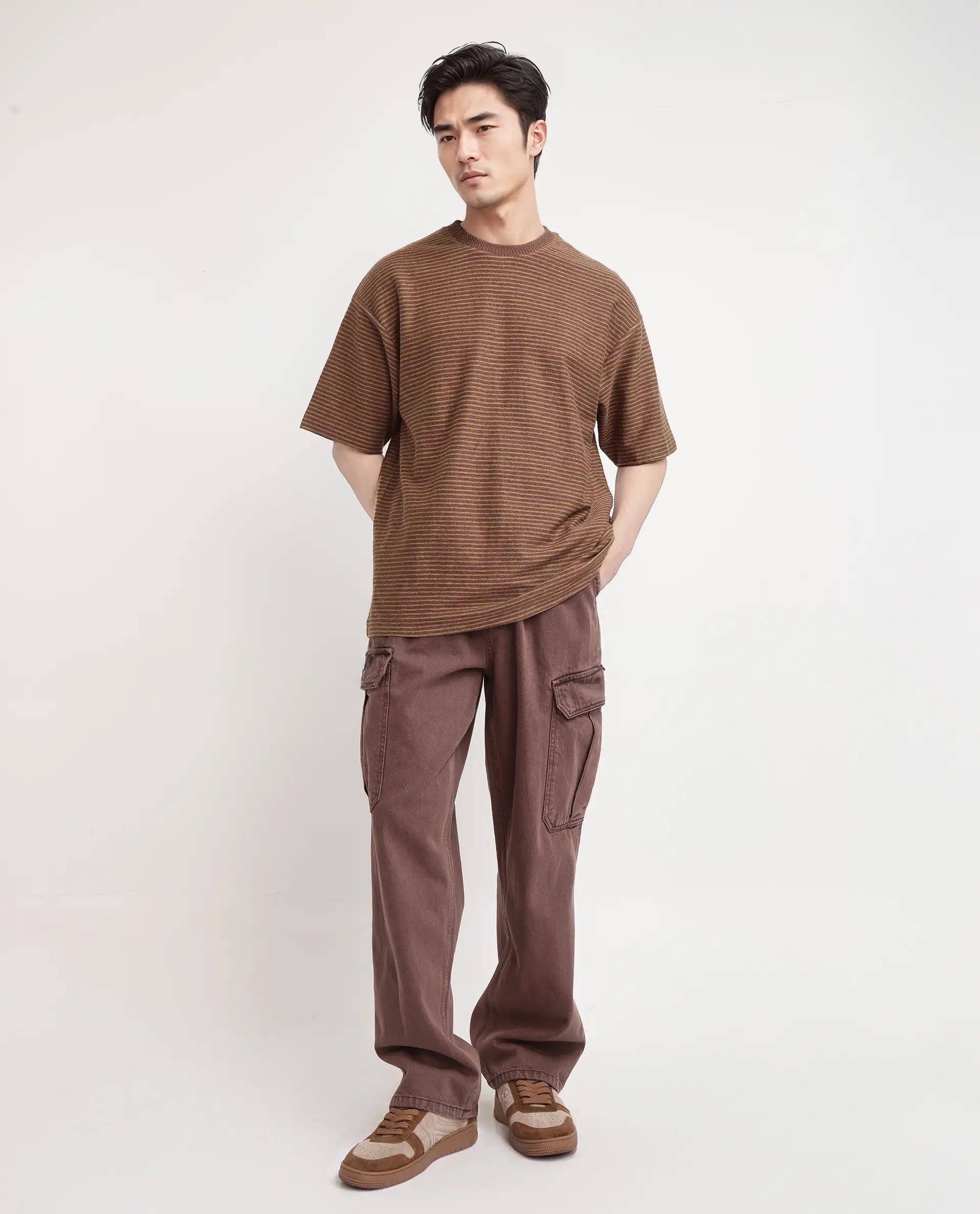 Rare Rabbit Men's Pasco Melange Rust Cotton Striped Print Oversized Fit Half Sleeve Crew Neck T-Shirt