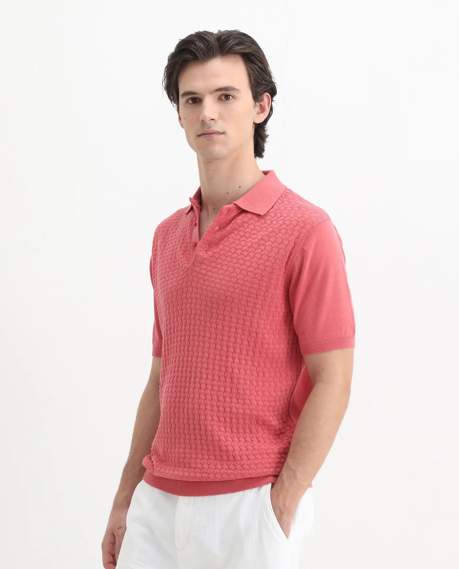 Rare Rabbit Men's Pasto Dark Peach Cotton Plain Regular Fit Half Sleeve Polo