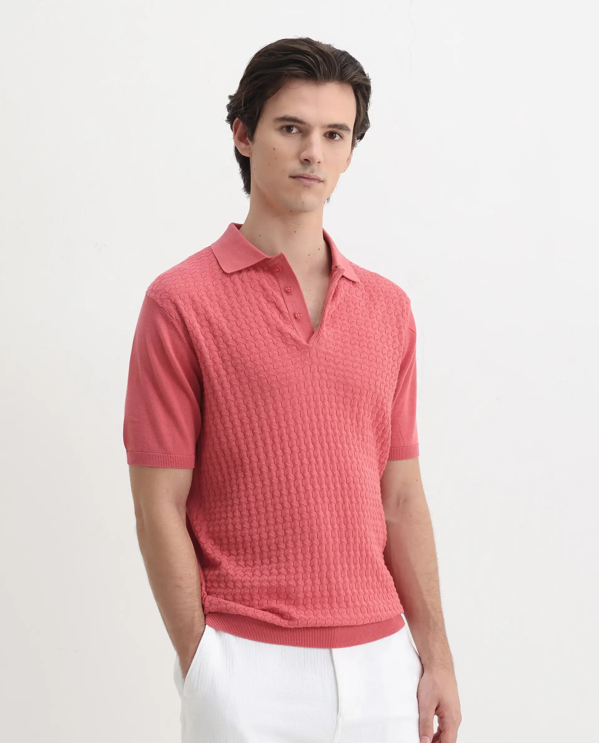 Rare Rabbit Men's Pasto Dark Peach Cotton Plain Regular Fit Half Sleeve Polo