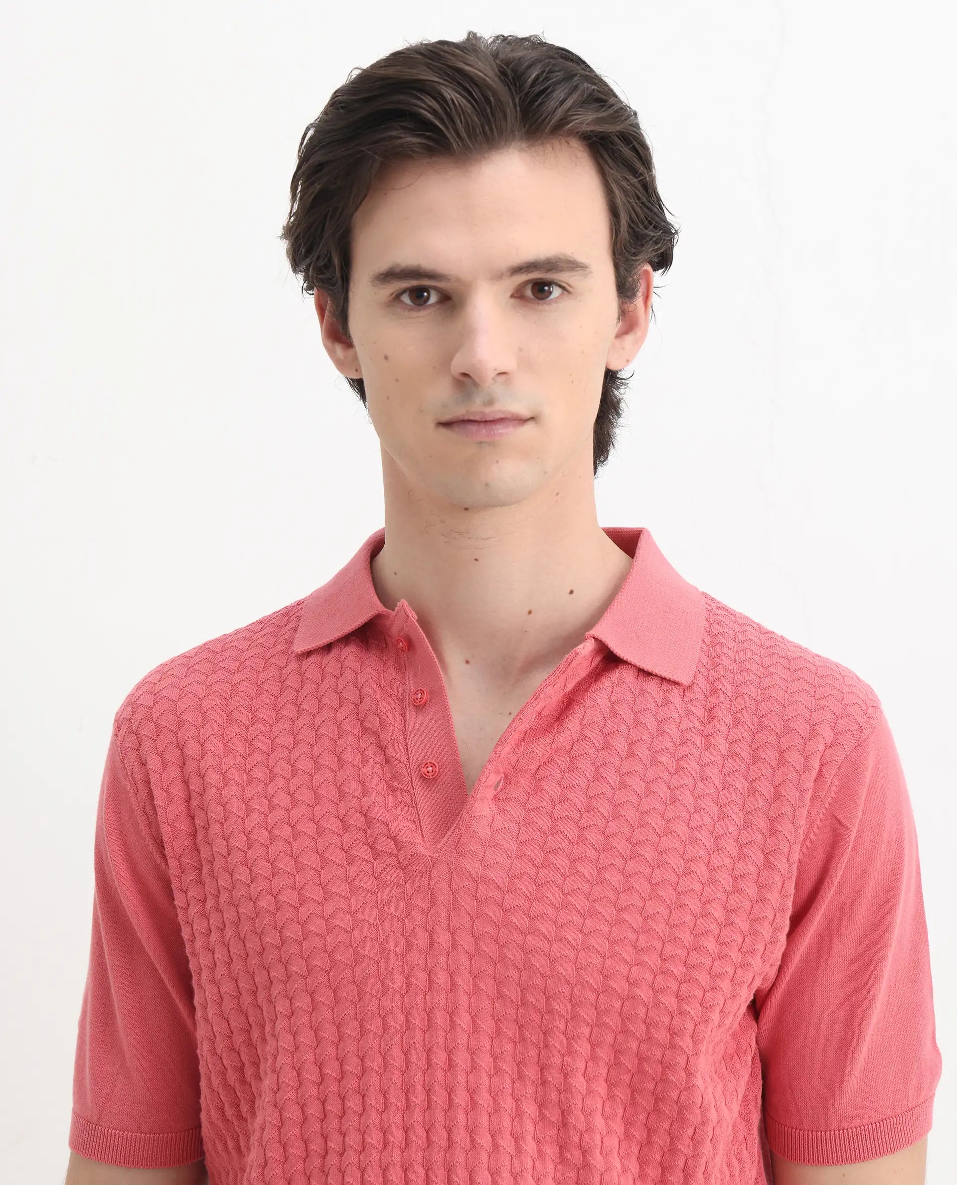 Rare Rabbit Men's Pasto Dark Peach Cotton Plain Regular Fit Half Sleeve Polo