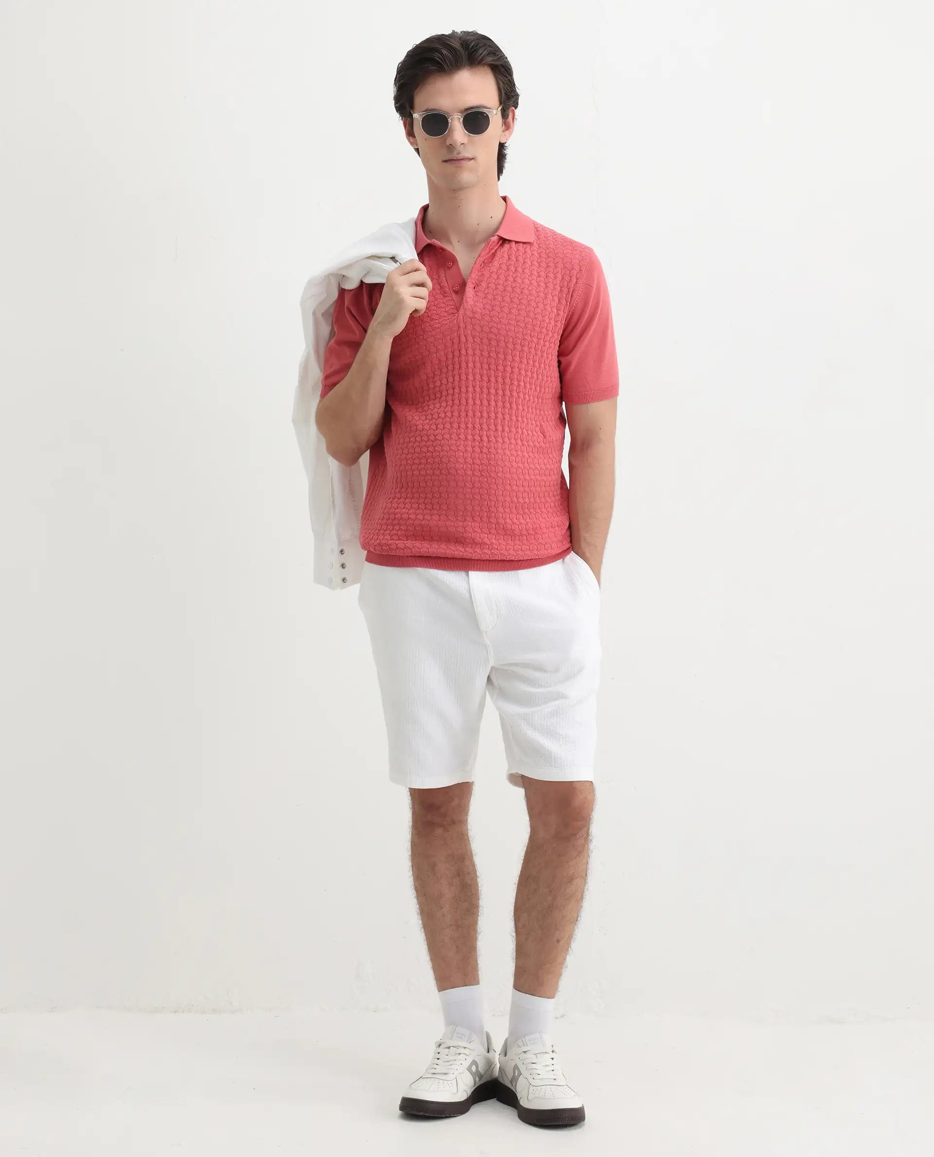 Rare Rabbit Men's Pasto Dark Peach Cotton Plain Regular Fit Half Sleeve Polo