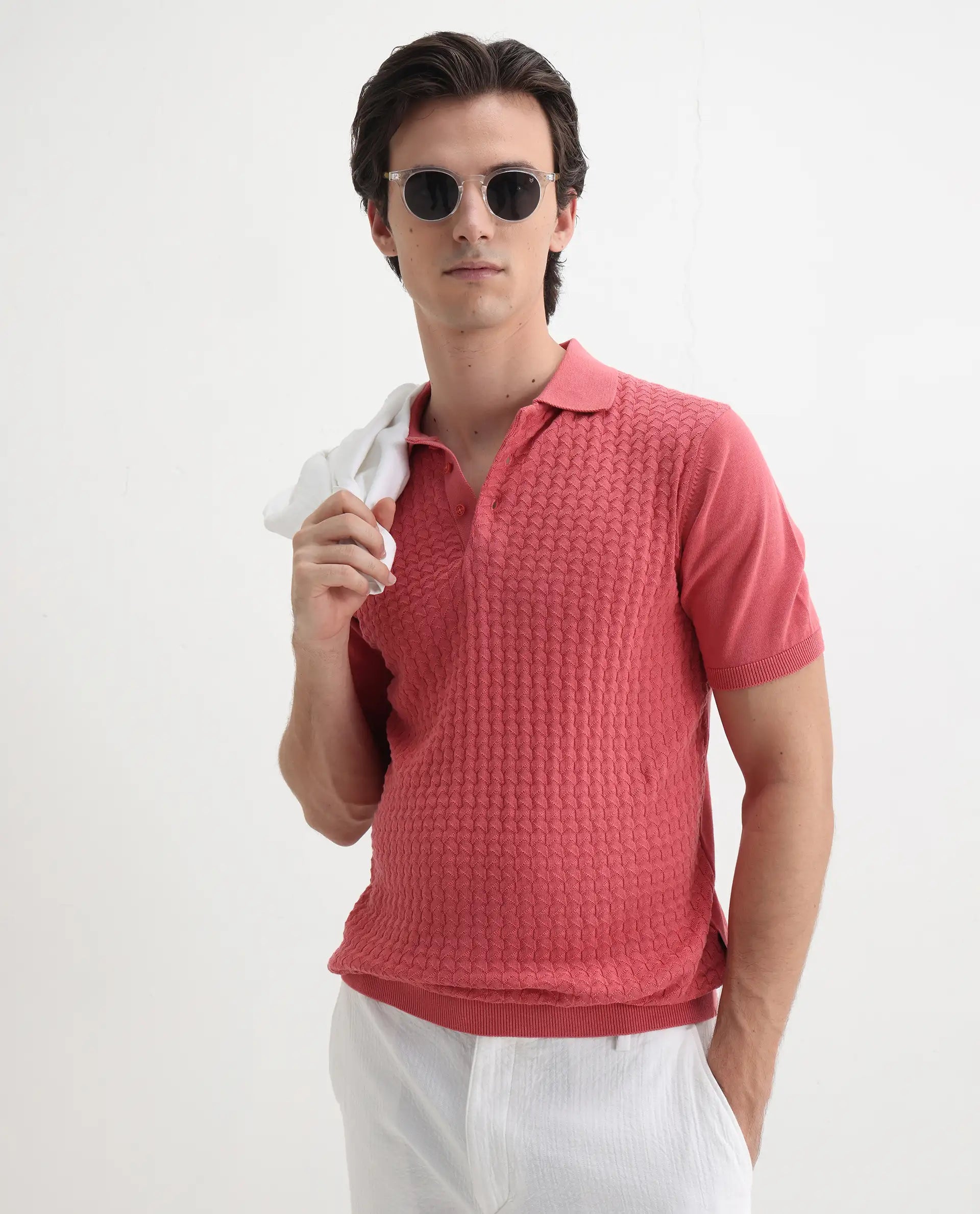 Rare Rabbit Men's Pasto Dark Peach Cotton Plain Regular Fit Half Sleeve Polo