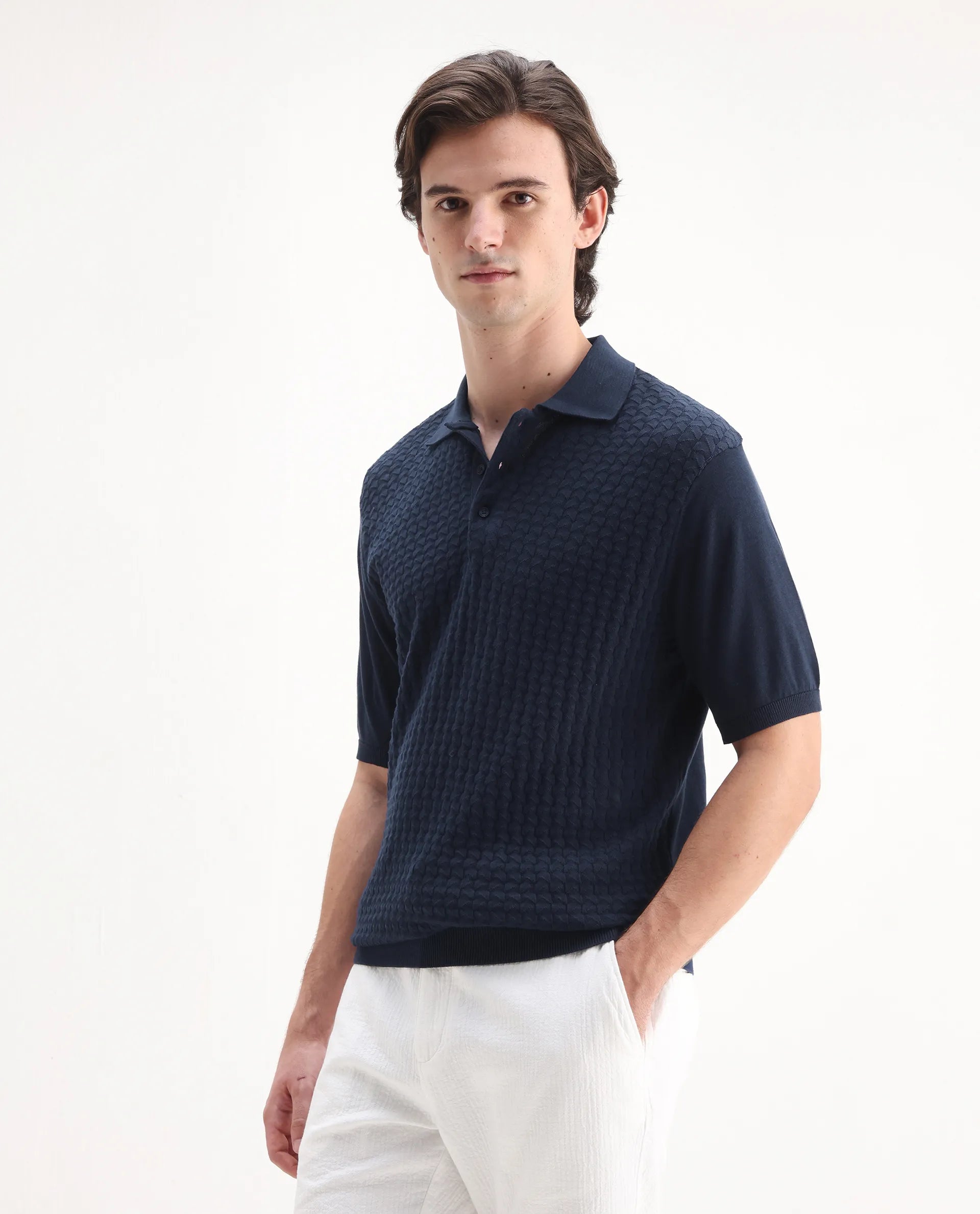 Rare Rabbit Men's Pasto Navy Cotton Textured Regular Fit Half Sleeve Polo