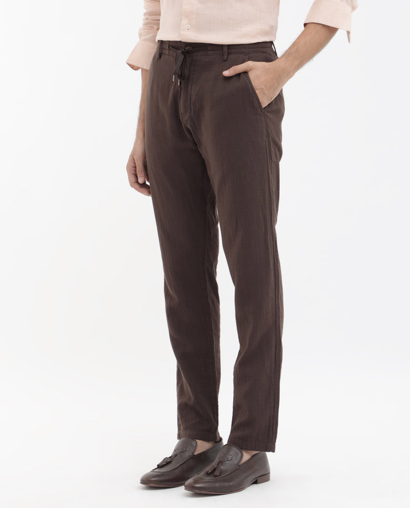 Rare Rabbit Men's Pastor-2 Brown Solid Mid-Rise With Drawstring And Elastic Waistband Regular Fit Trousers