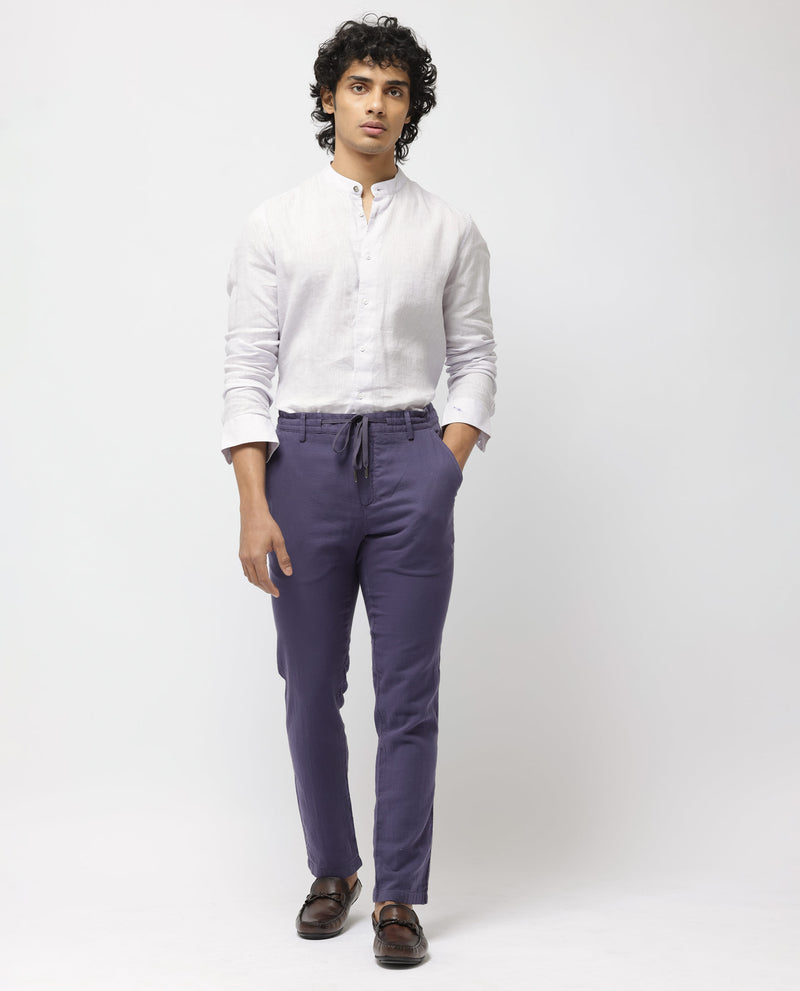 Rare Rabbit Men's Pastor-2 Dusky Purple Solid Mid-Rise With Drawstring And Elastic Waistband Regular Fit Trousers