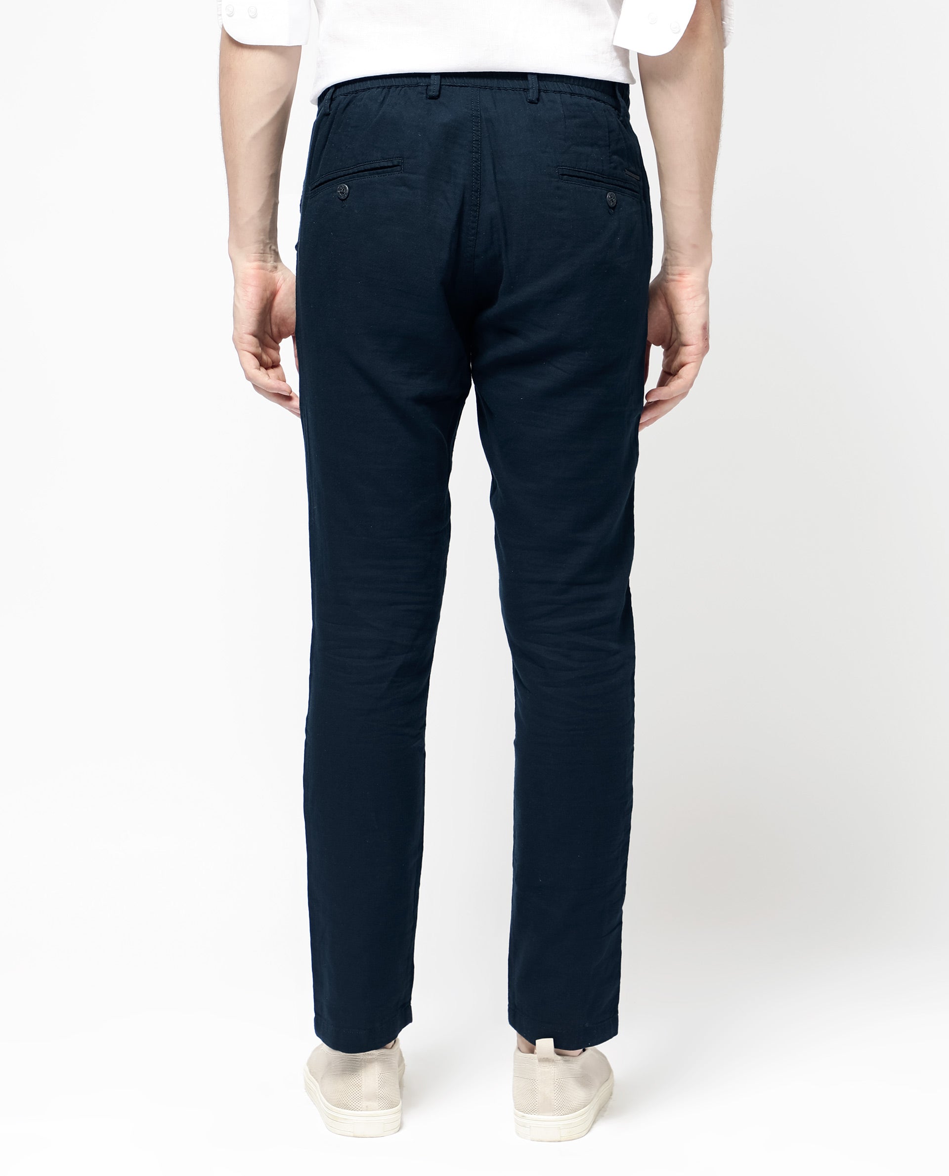 Rare Rabbit Men's Pastor-2 Navy Solid Mid-Rise With Drawstring And Elastic Waistband Regular Fit Trousers