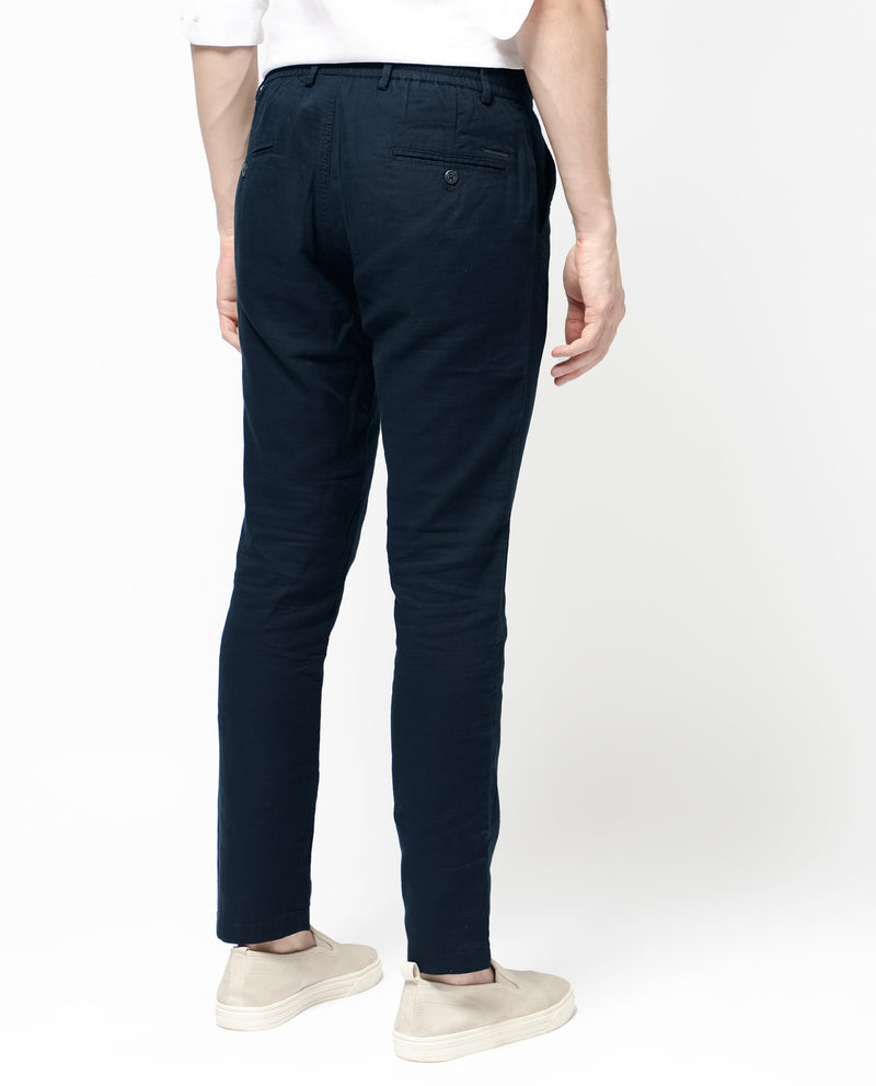 Rare Rabbit Men's Pastor-2 Navy Solid Mid-Rise With Drawstring And Elastic Waistband Regular Fit Trousers