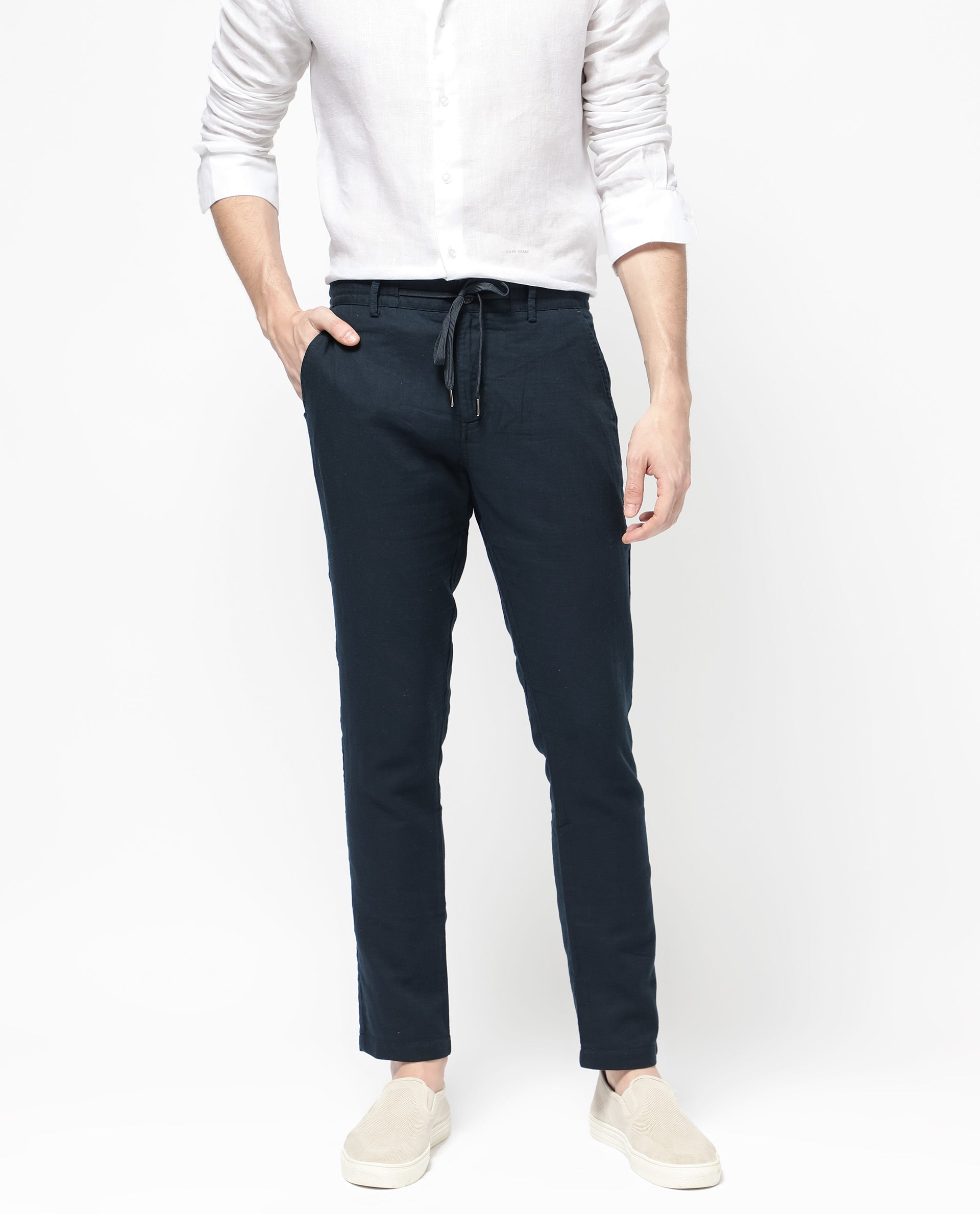 Rare Rabbit Men's Pastor-2 Navy Solid Mid-Rise With Drawstring And Elastic Waistband Regular Fit Trousers