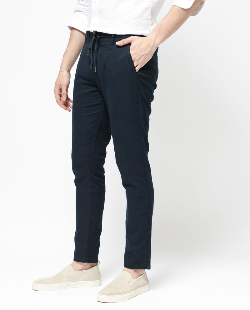 Rare Rabbit Men's Pastor-2 Navy Solid Mid-Rise With Drawstring And Elastic Waistband Regular Fit Trousers