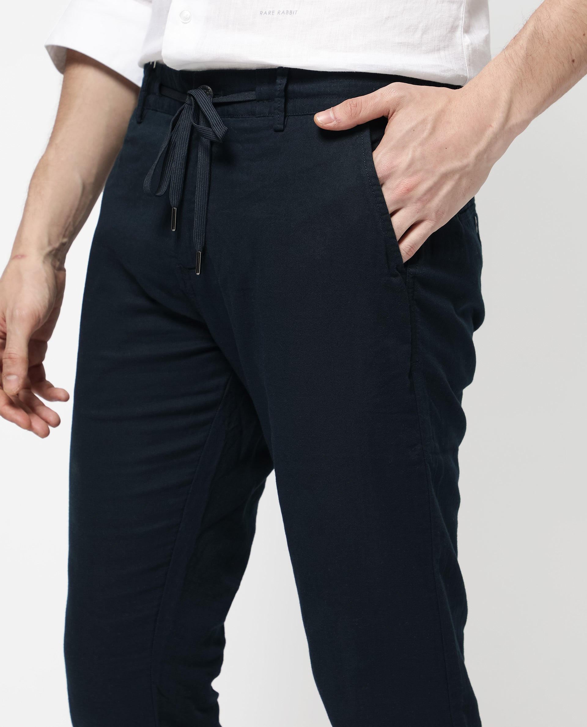 Rare Rabbit Men's Pastor-2 Navy Solid Mid-Rise With Drawstring And Elastic Waistband Regular Fit Trousers