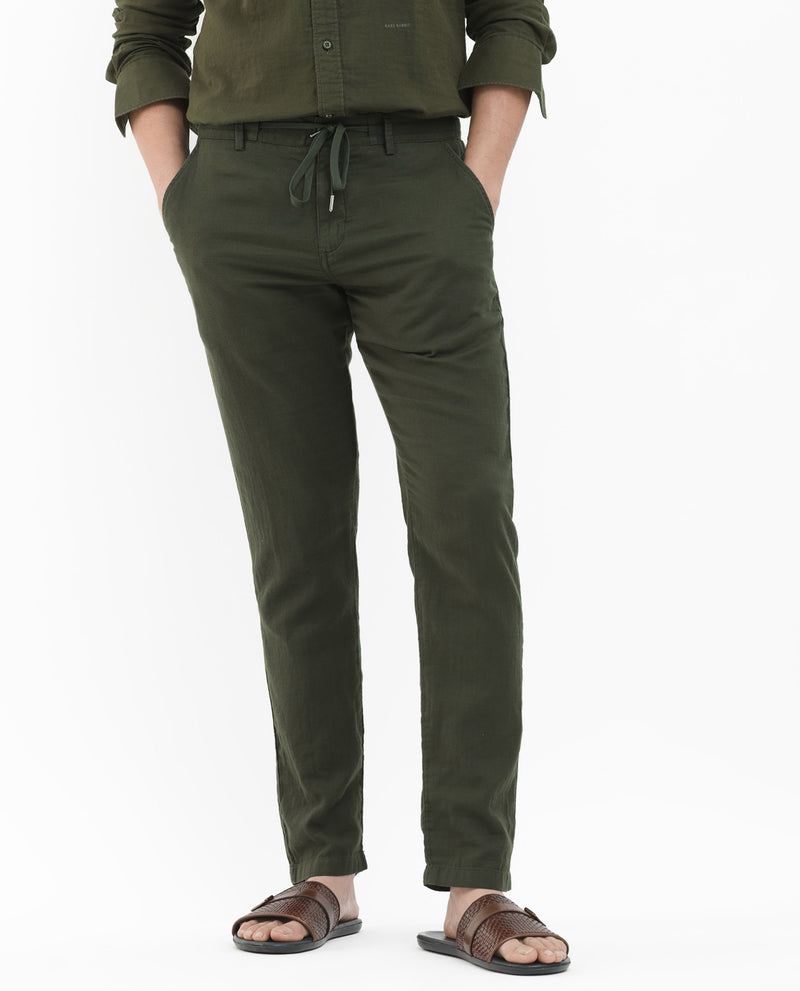 Rare Rabbit Men's Pastor-2 Olive Solid Mid-Rise With Drawstring And Elastic Waistband Regular Fit Trousers