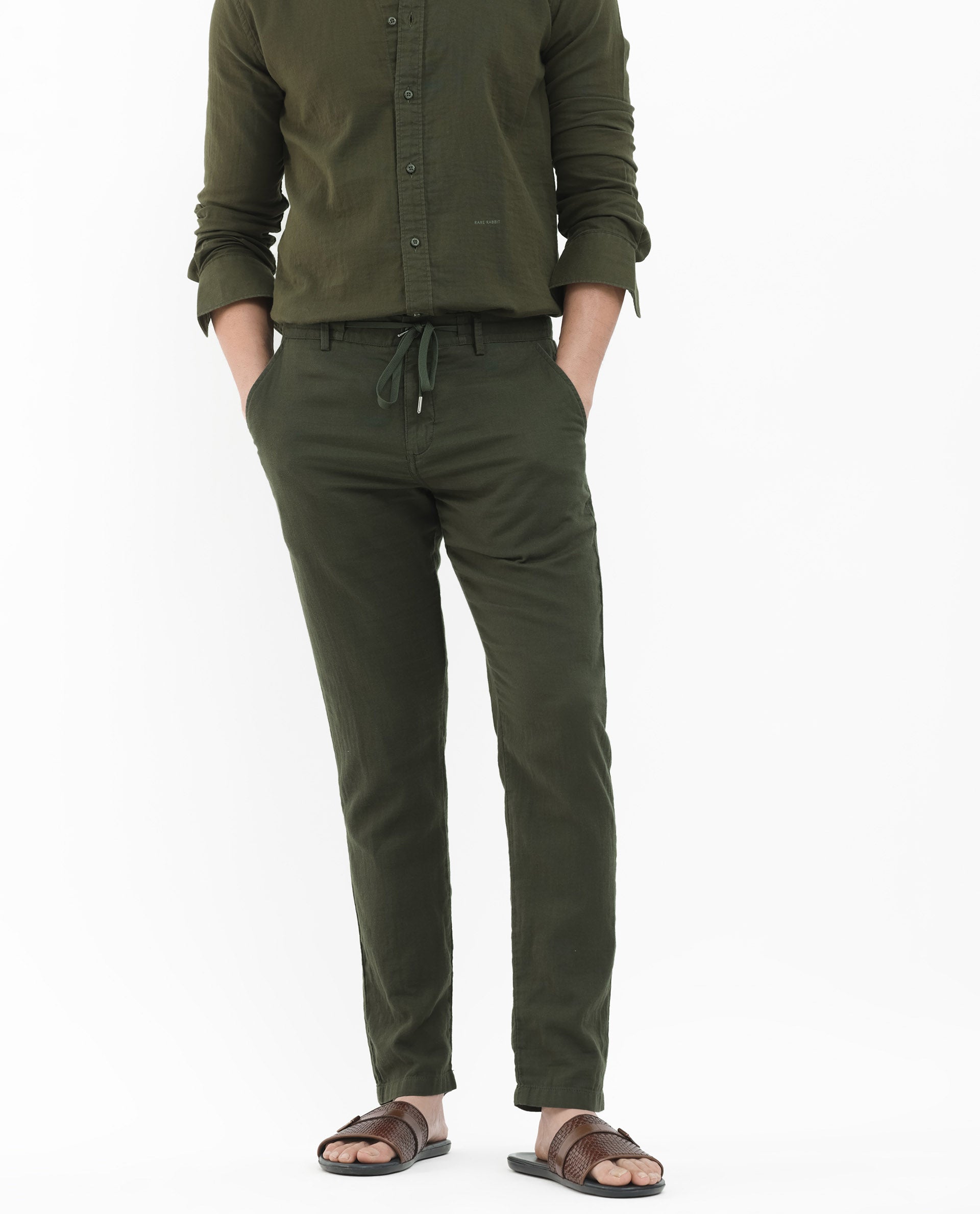 Rare Rabbit Men's Pastor-2 Olive Solid Mid-Rise With Drawstring And Elastic Waistband Regular Fit Trousers