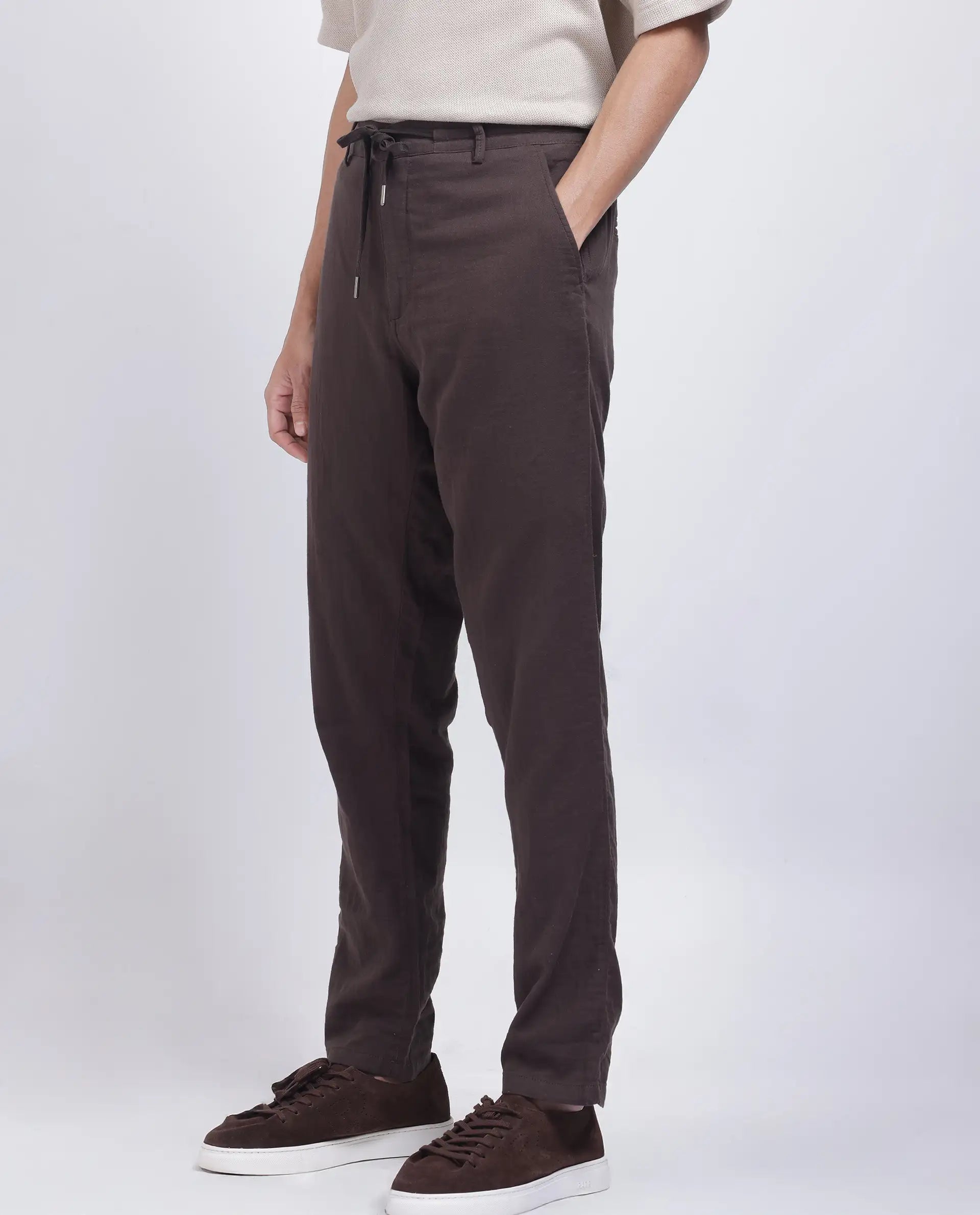 Rare Rabbit Men Pastor-25 Brown Cotton Elastane Fabric Drawstring Closure Plain Trouser