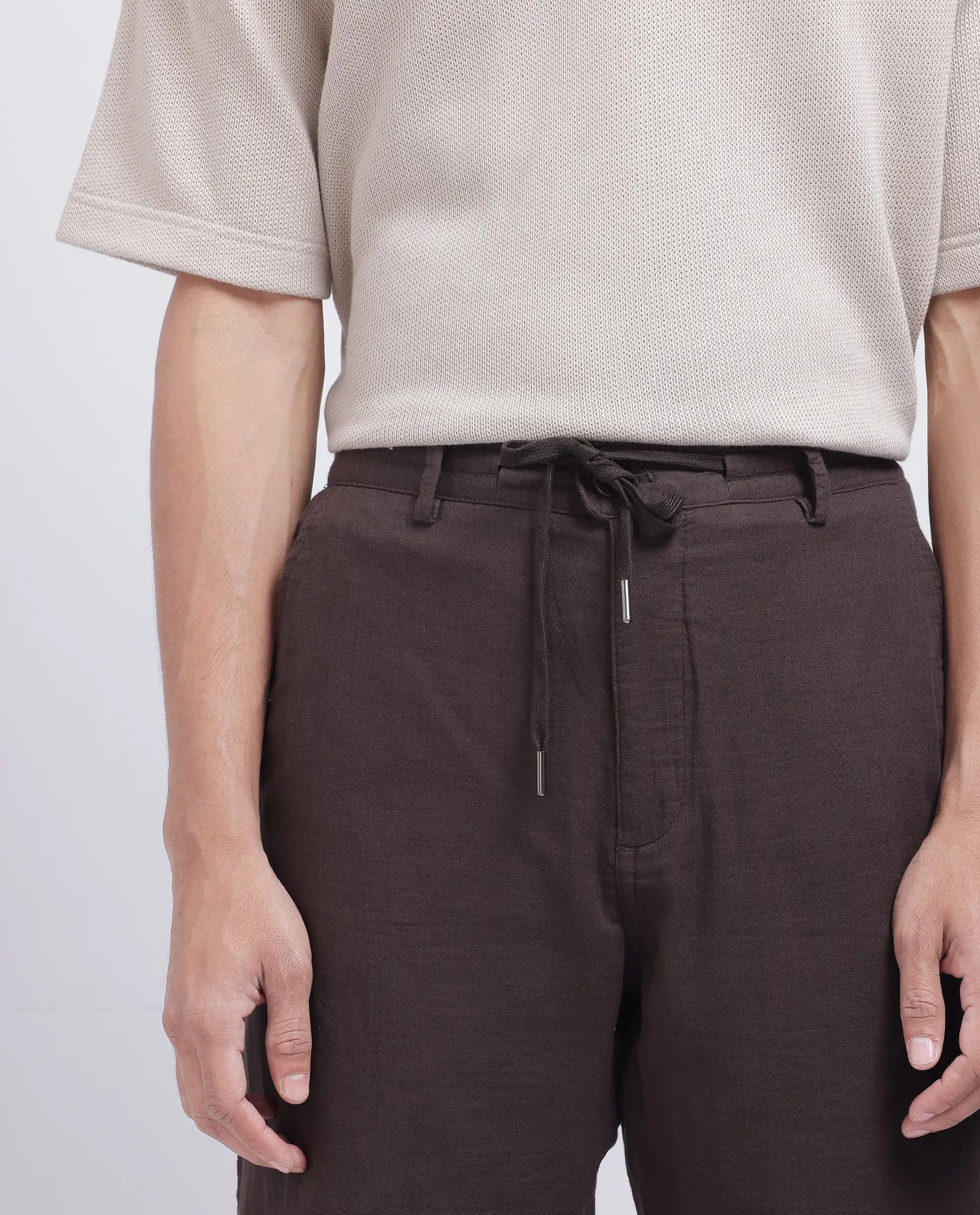 Rare Rabbit Men Pastor-25 Brown Cotton Elastane Fabric Drawstring Closure Plain Trouser