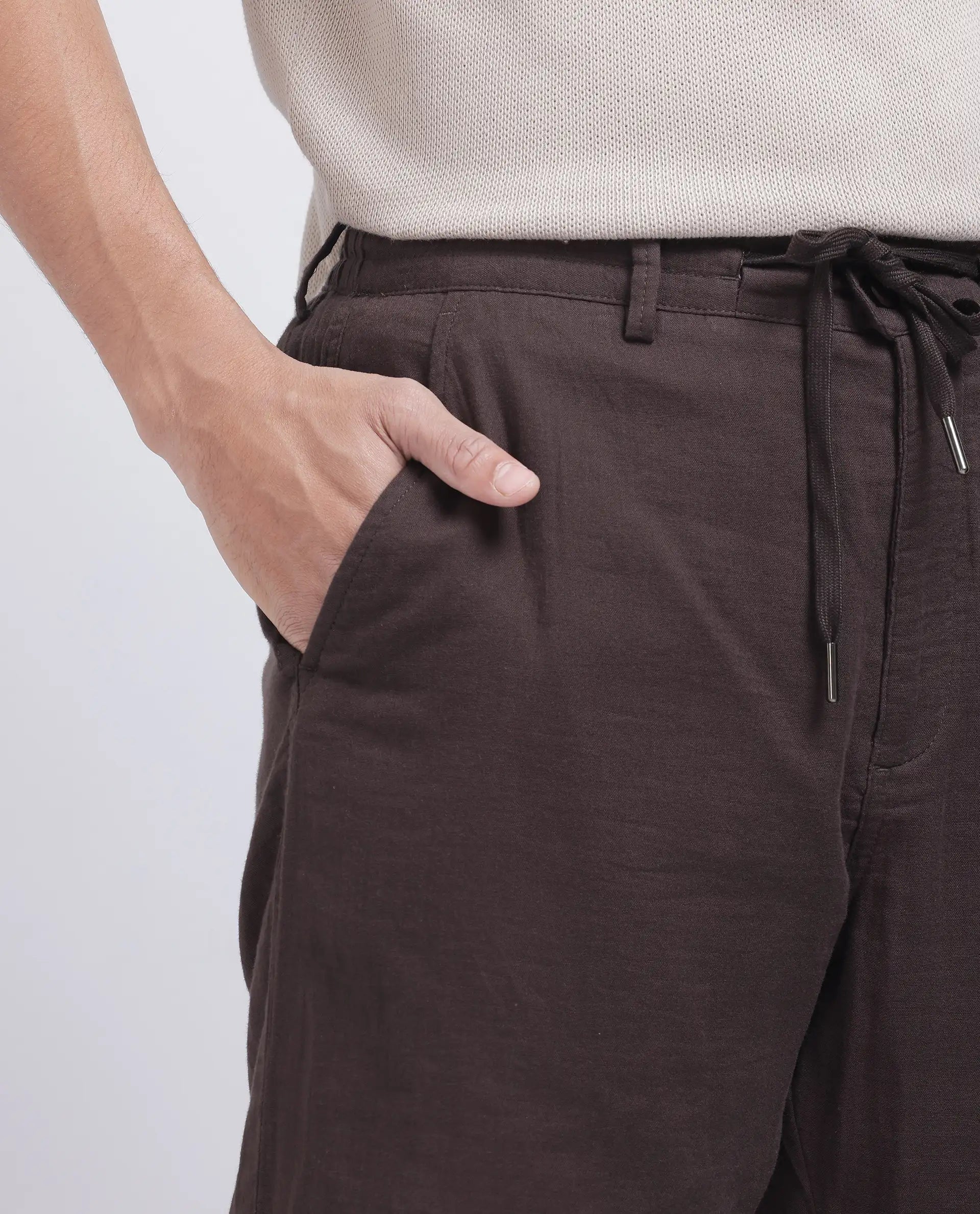 Rare Rabbit Men Pastor-25 Brown Cotton Elastane Fabric Drawstring Closure Plain Trouser