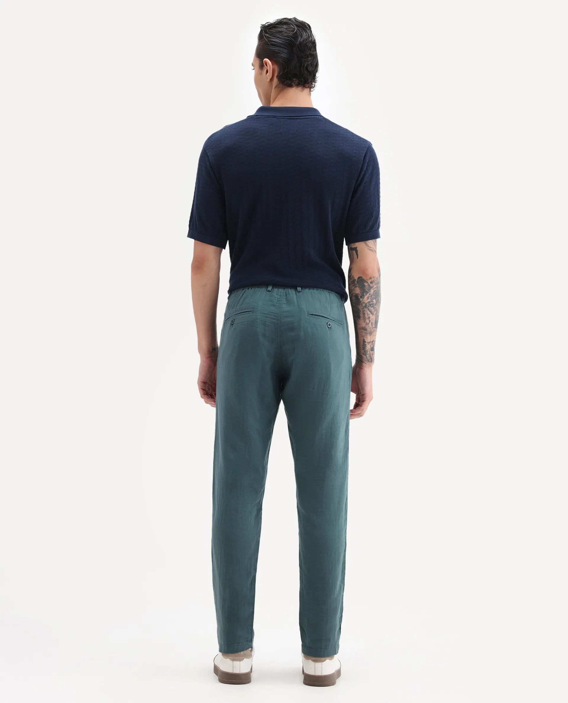 Rare Rabbit Men's Pastor 25 Teal Cotton Plain Regular Fit Trouser