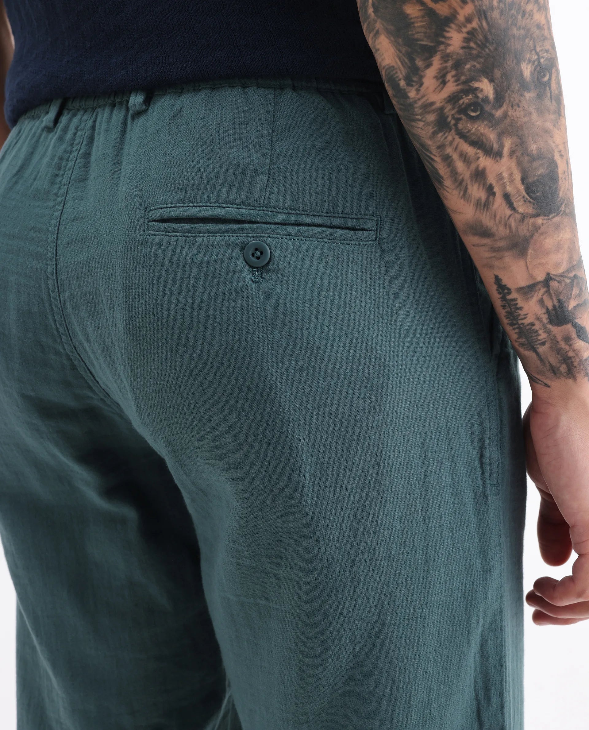 Rare Rabbit Men's Pastor 25 Teal Cotton Plain Regular Fit Trouser