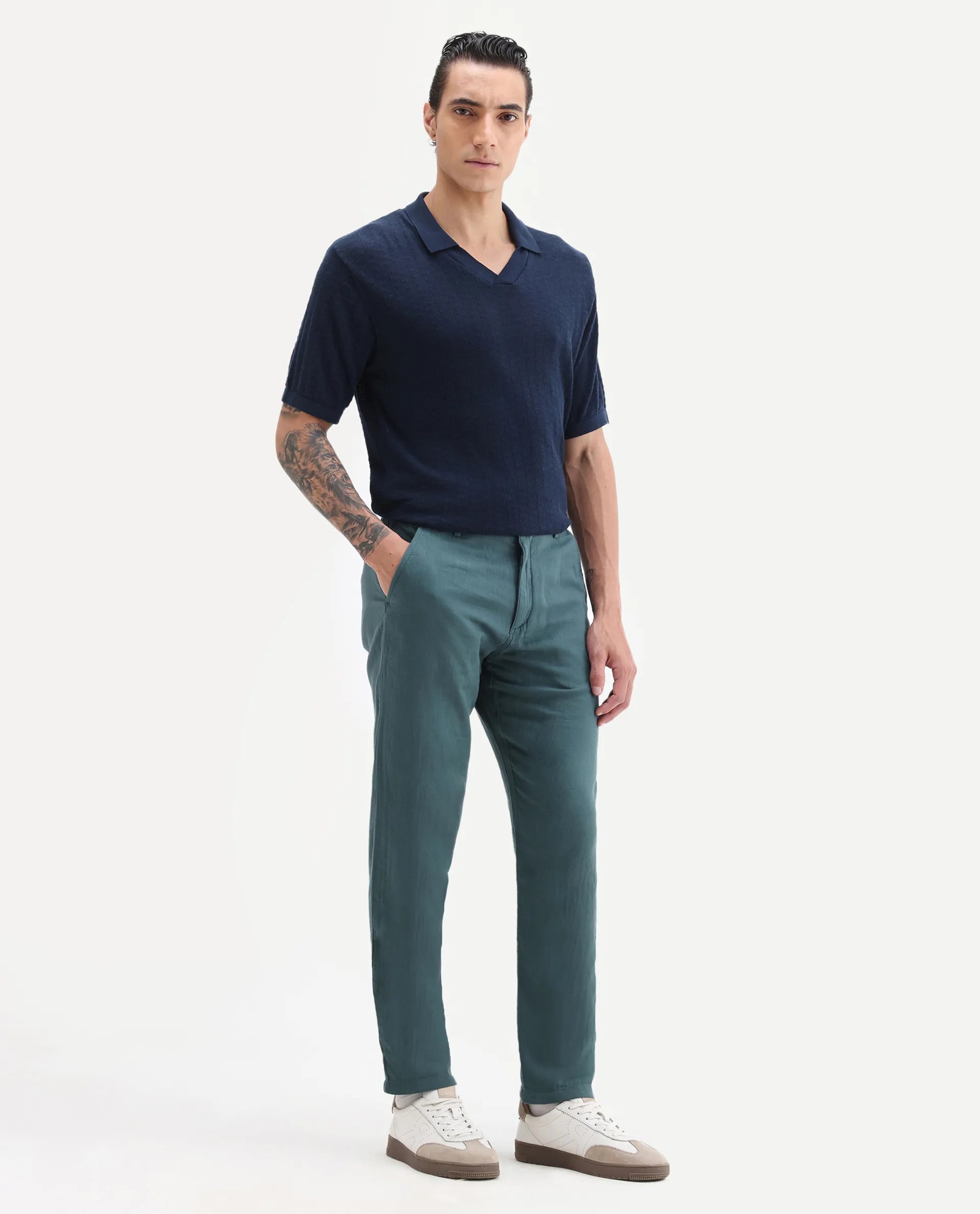 Rare Rabbit Men's Pastor 25 Teal Cotton Plain Regular Fit Trouser