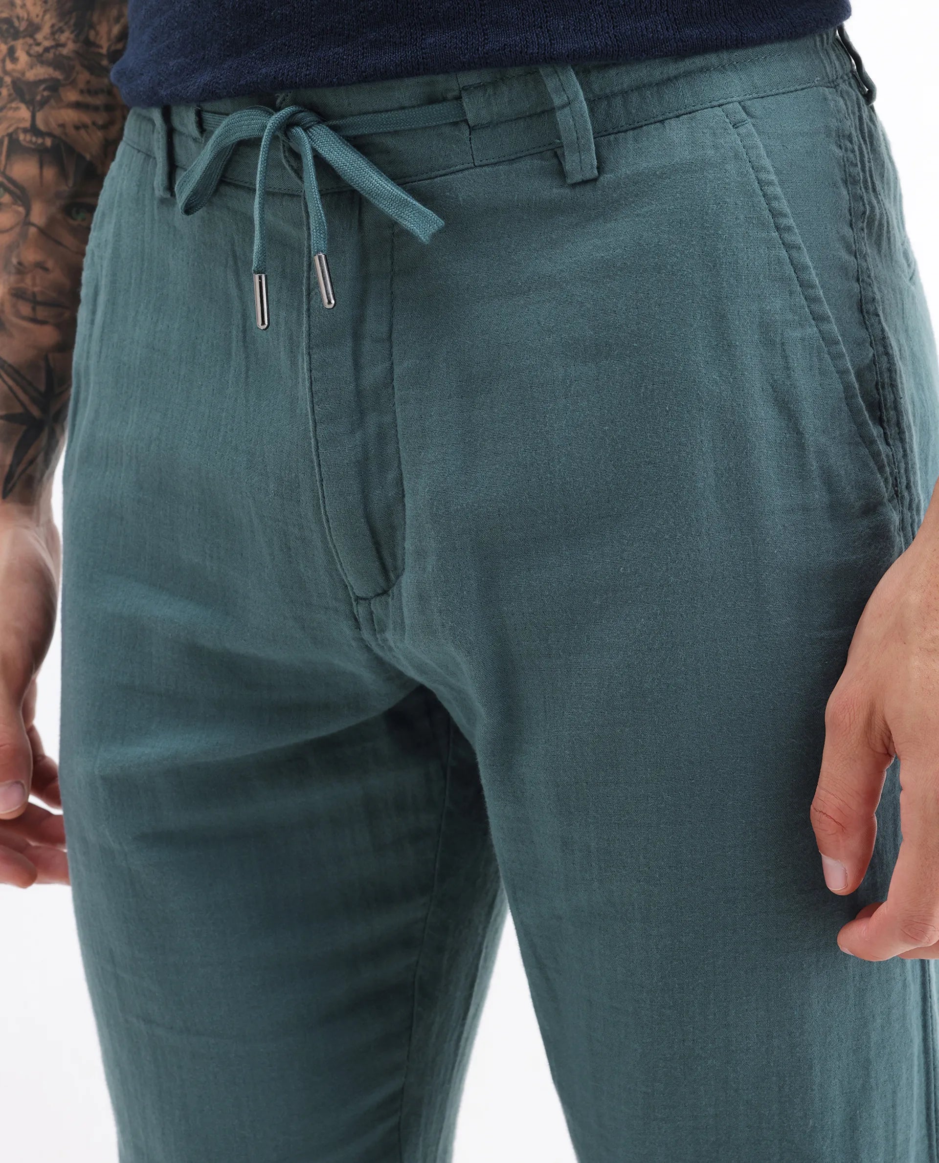 Rare Rabbit Men's Pastor 25 Teal Cotton Plain Regular Fit Trouser