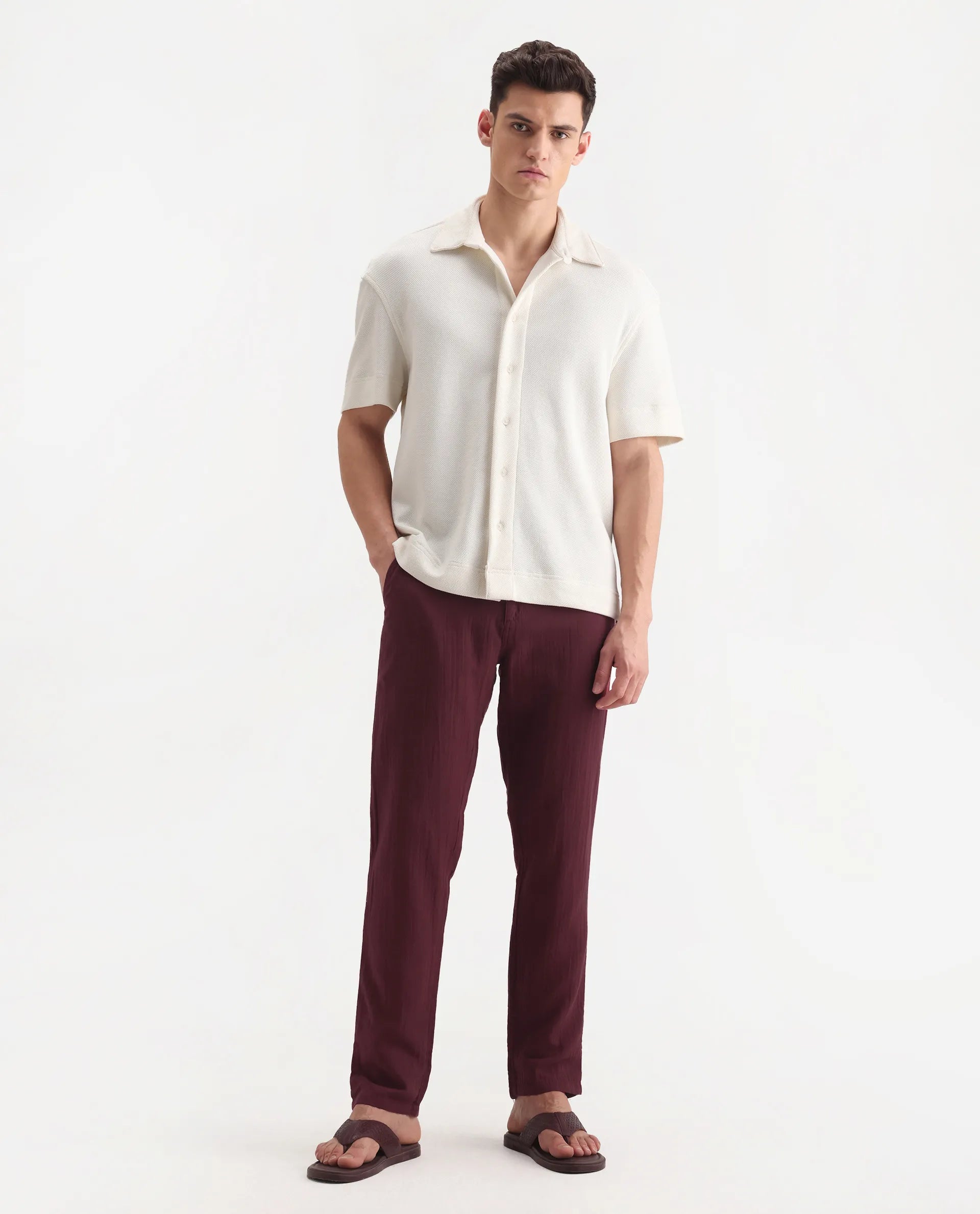 Rare Rabbit Men's Pastor-3 Dark Maroon Cotton Plain Regular Fit Trouser