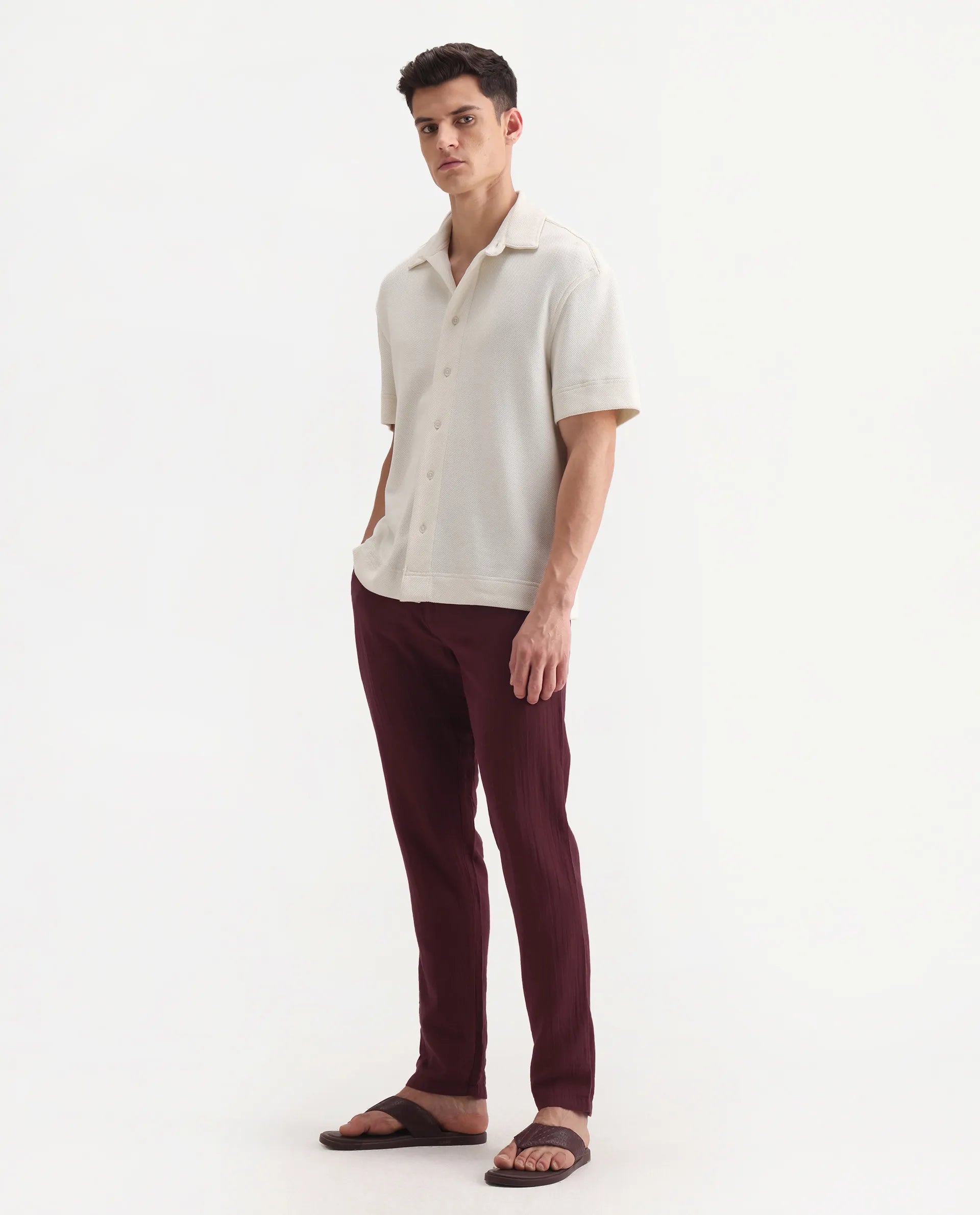 Rare Rabbit Men's Pastor-3 Dark Maroon Cotton Plain Regular Fit Trouser