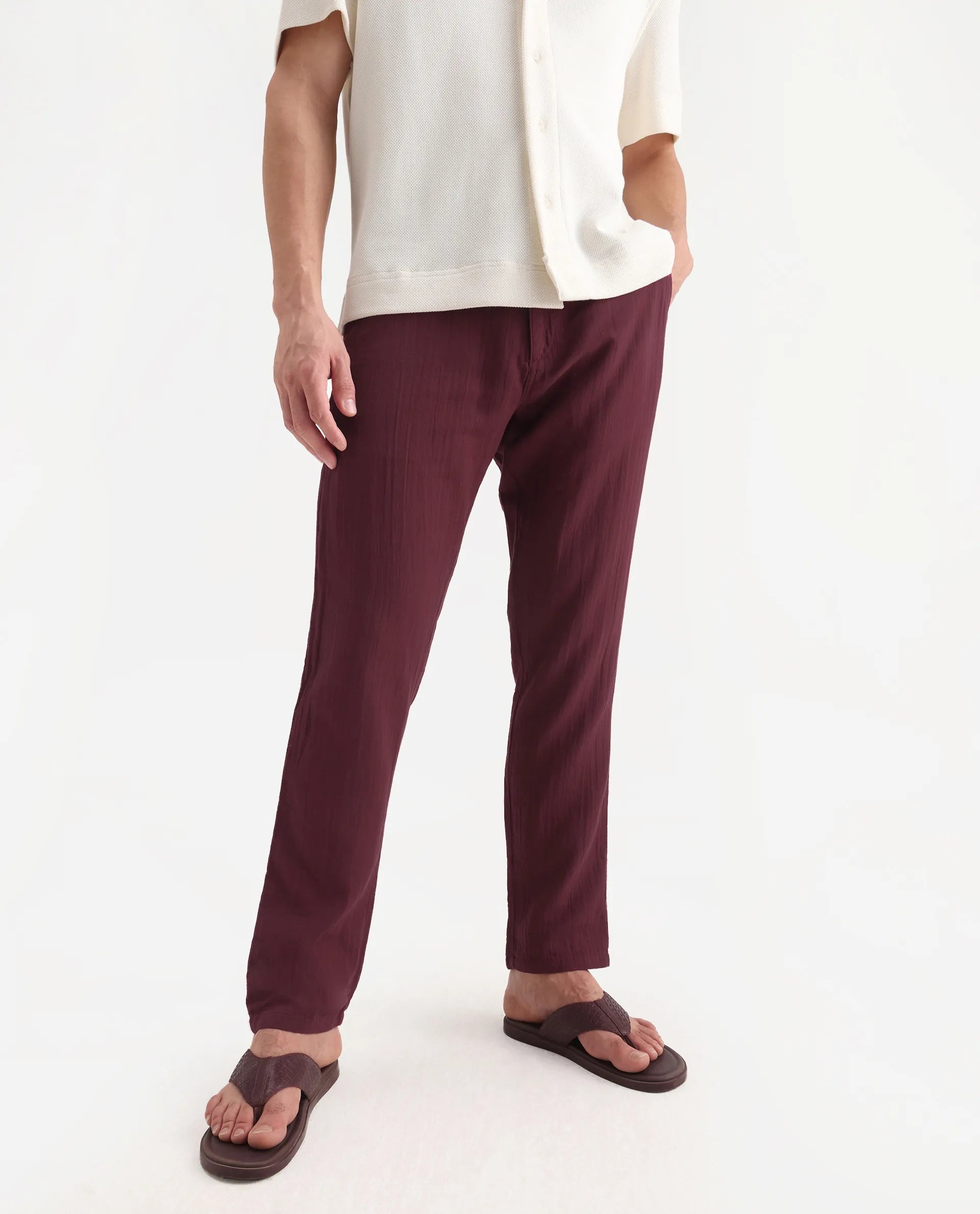Rare Rabbit Men's Pastor-3 Dark Maroon Cotton Plain Regular Fit Trouser
