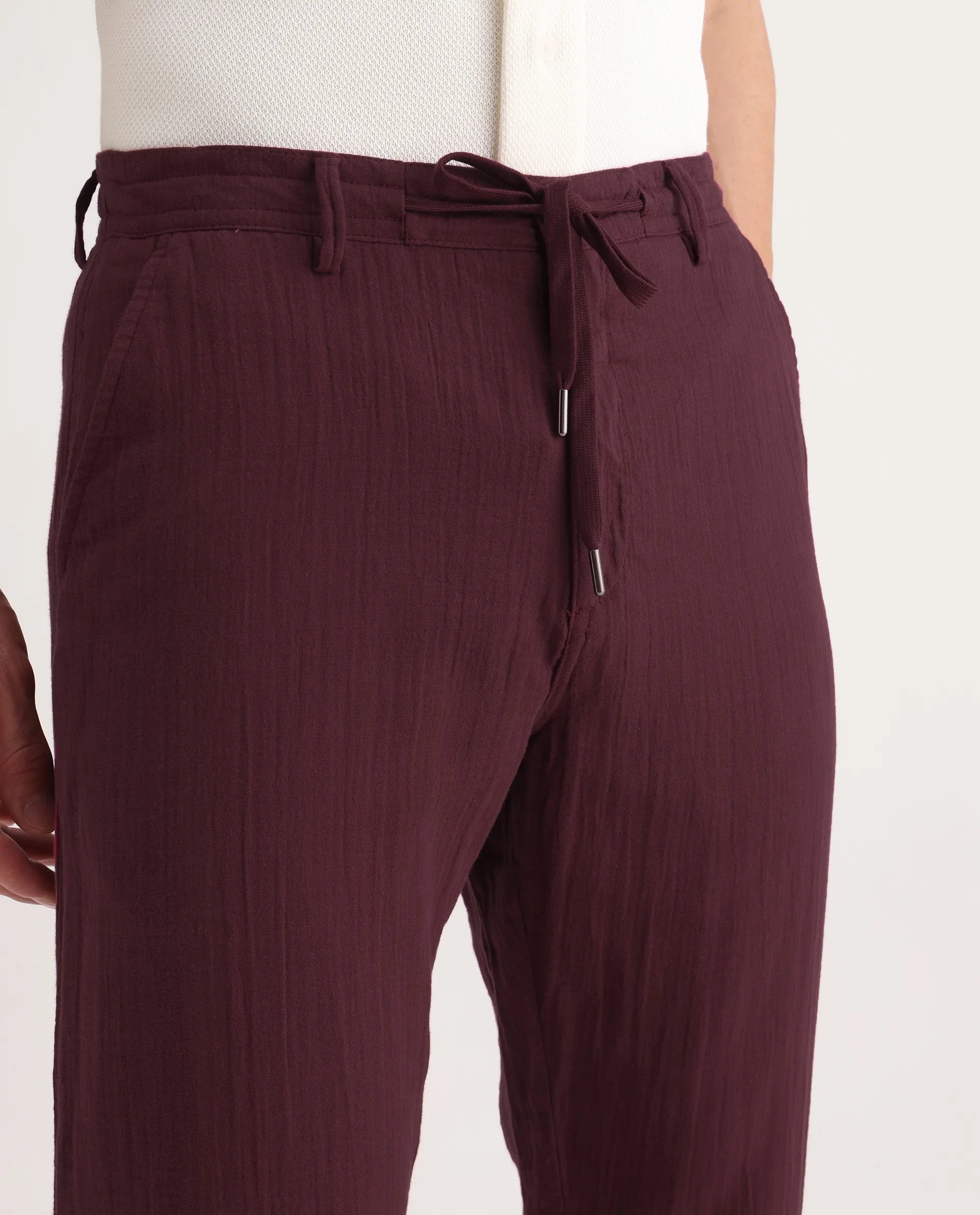 Rare Rabbit Men's Pastor-3 Dark Maroon Cotton Plain Regular Fit Trouser