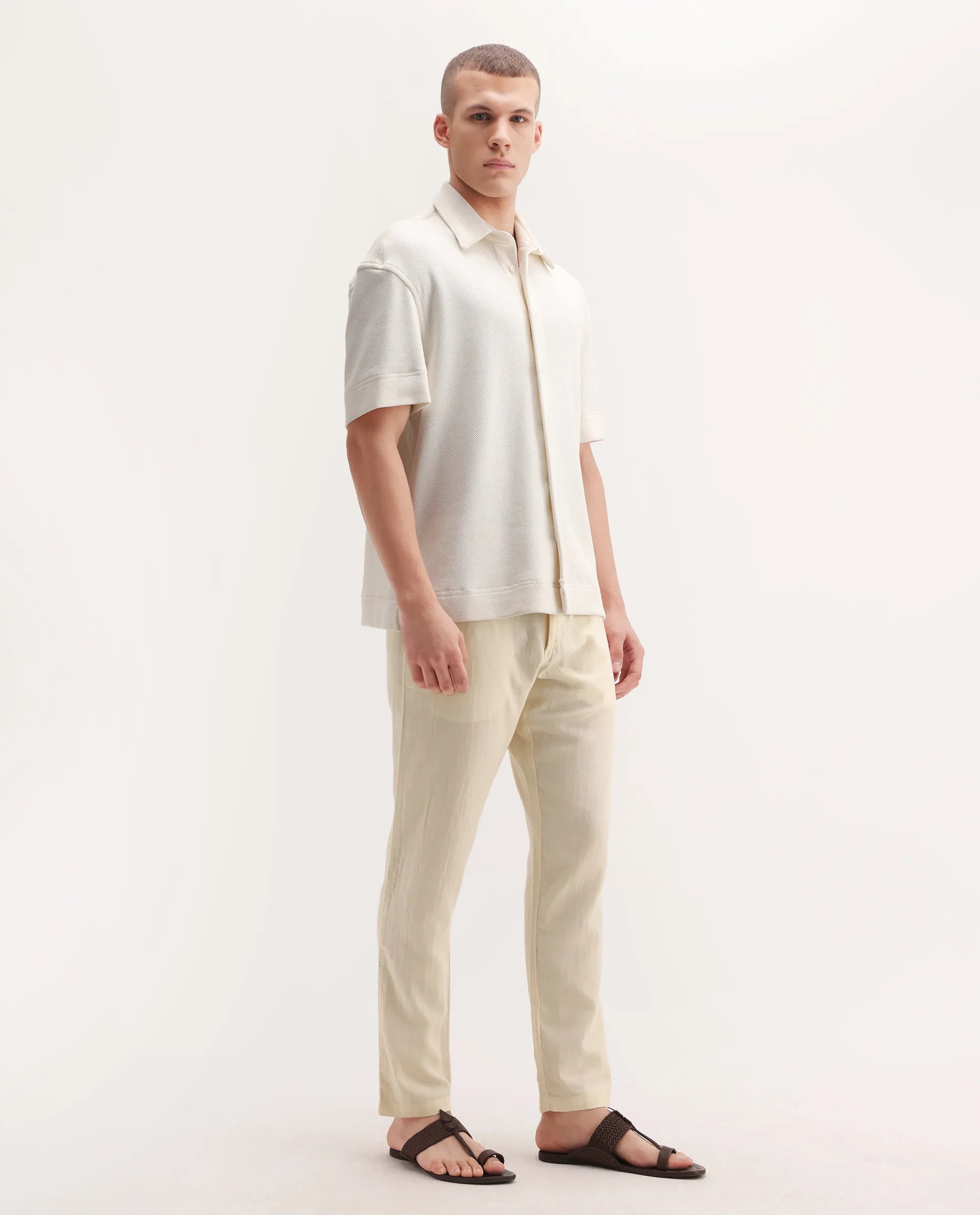 Rare Rabbit Men's Pastor-3 Off White Cotton Plain Regular Fit Trouser