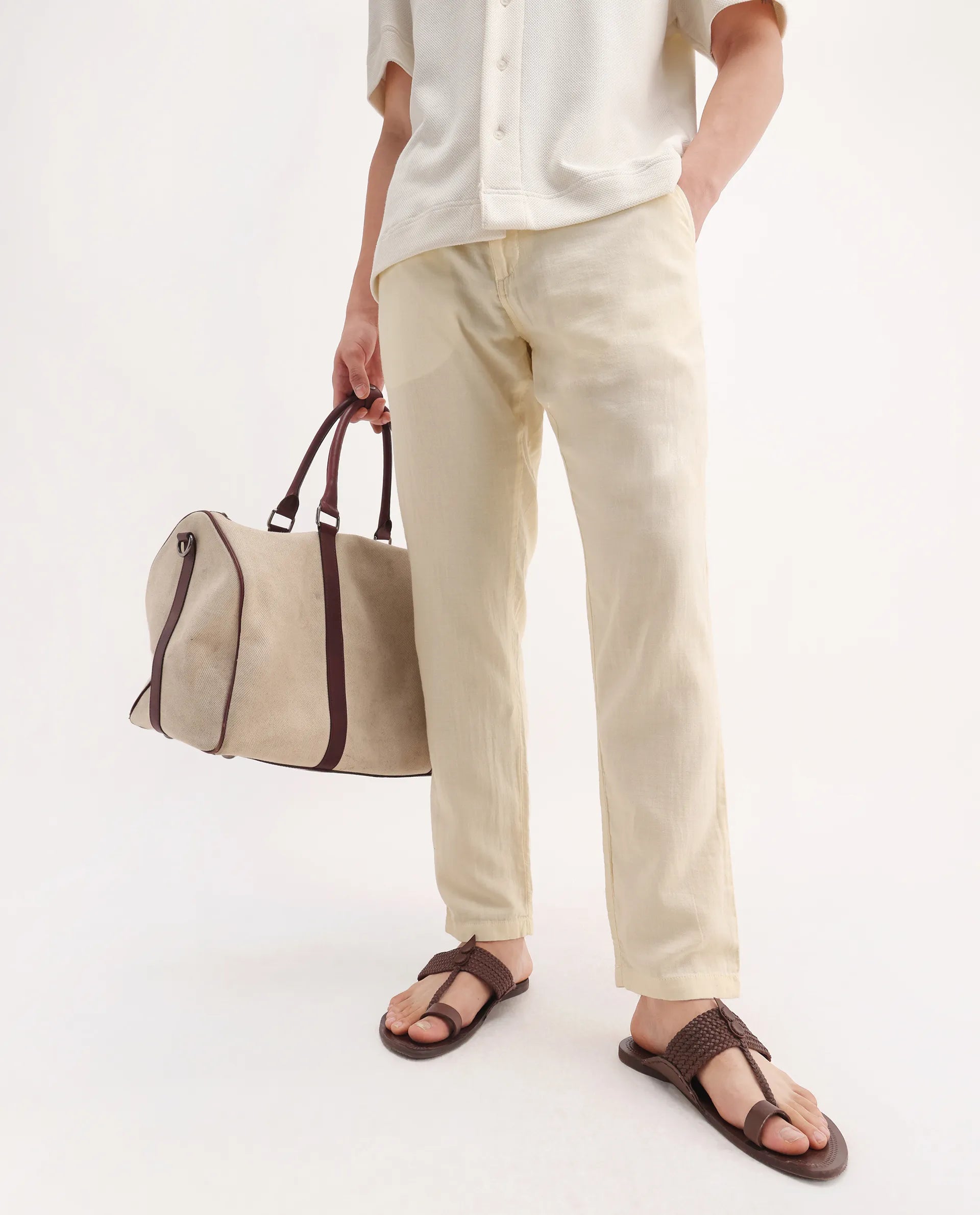 Rare Rabbit Men's Pastor-3 Off White Cotton Plain Regular Fit Trouser