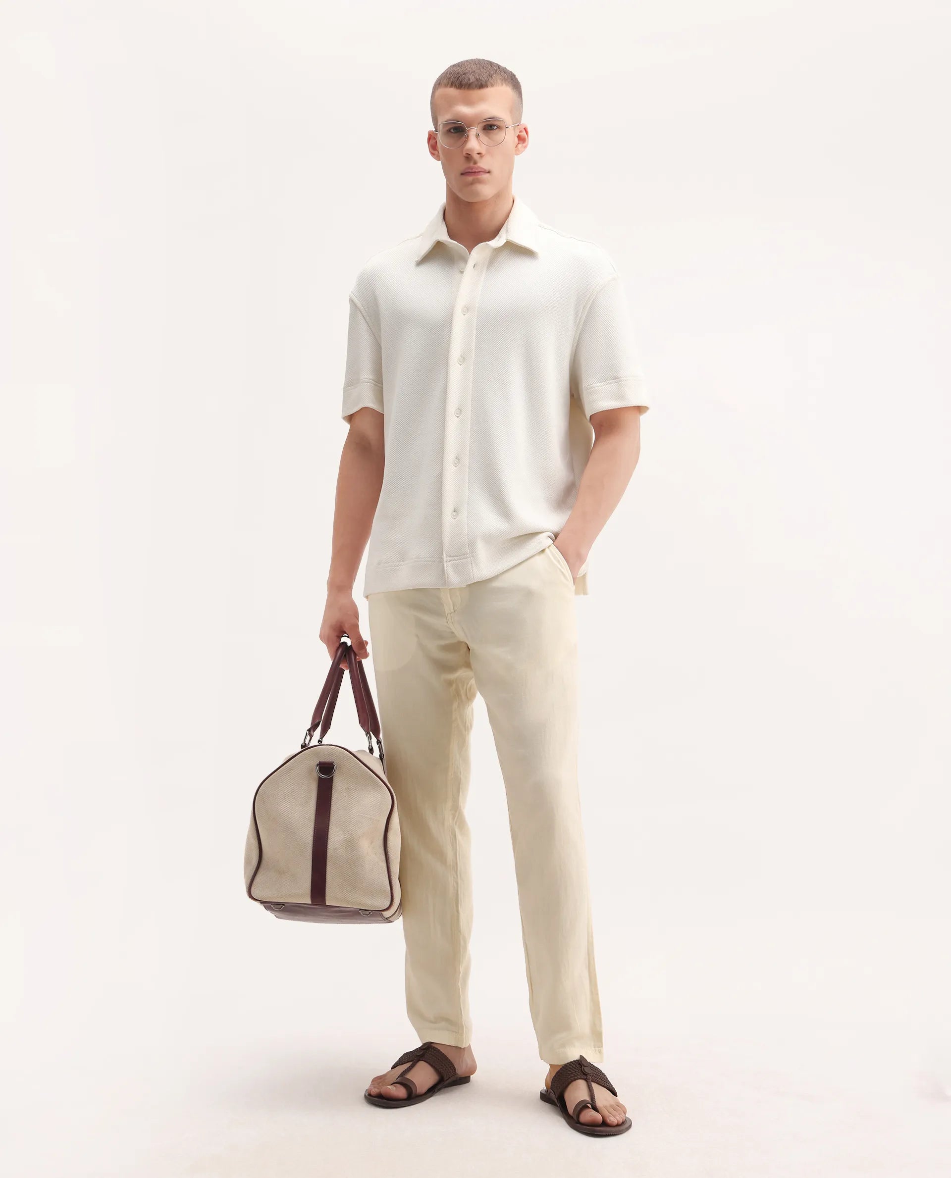 Rare Rabbit Men's Pastor-3 Off White Cotton Plain Regular Fit Trouser