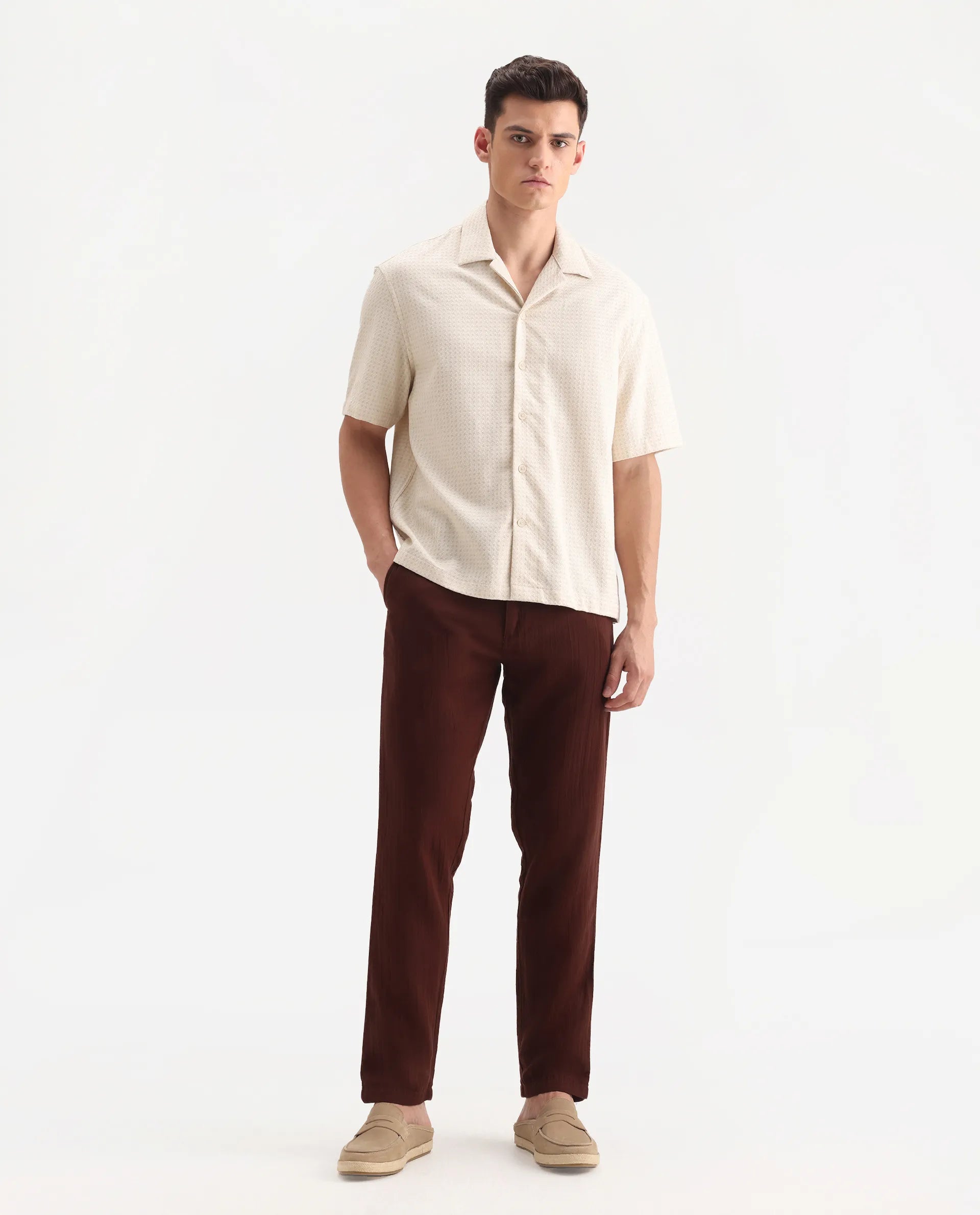 Rare Rabbit Men's Pastor-3 Rust Cotton Plain Regular Fit Trouser