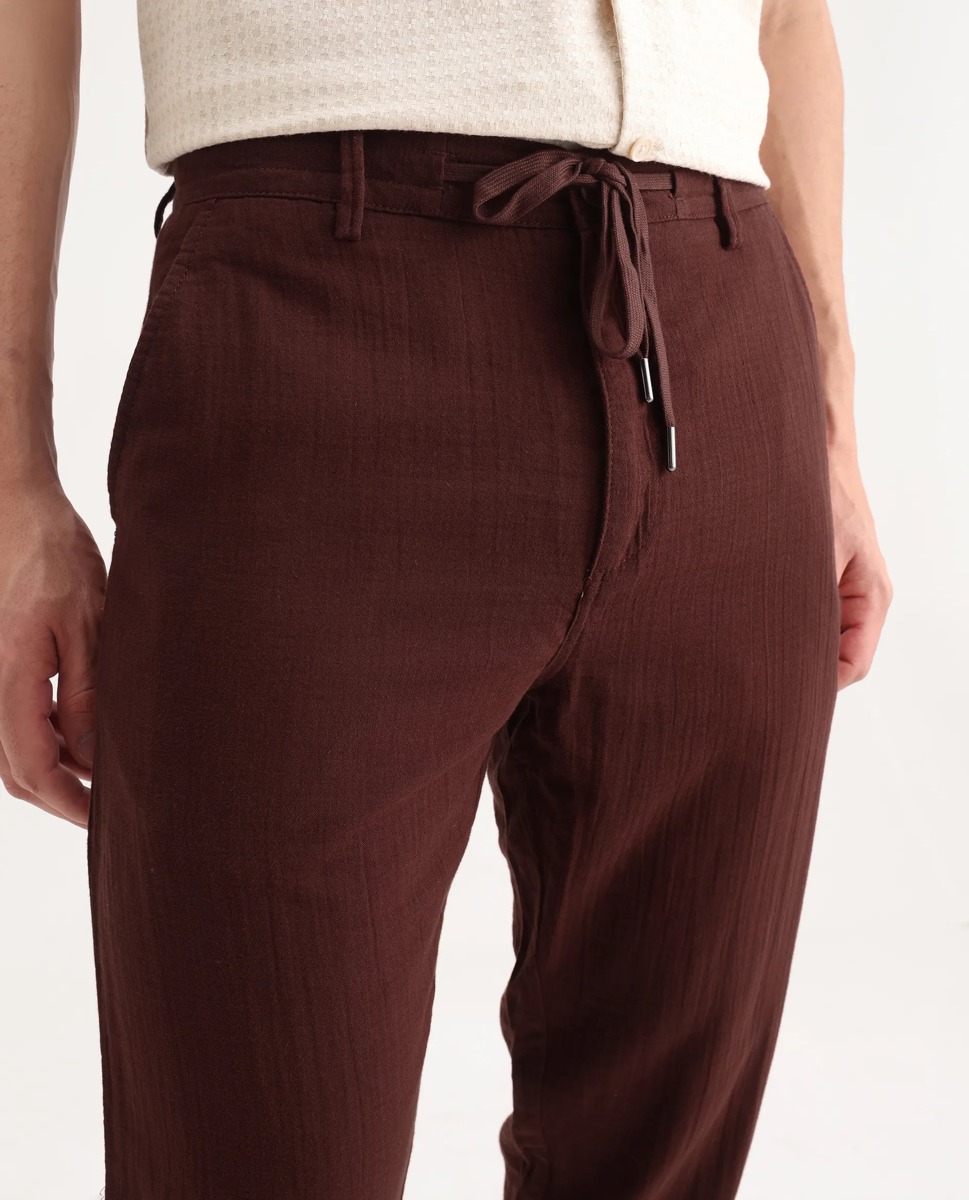 Rare Rabbit Men's Pastor-3 Rust Cotton Plain Regular Fit Trouser
