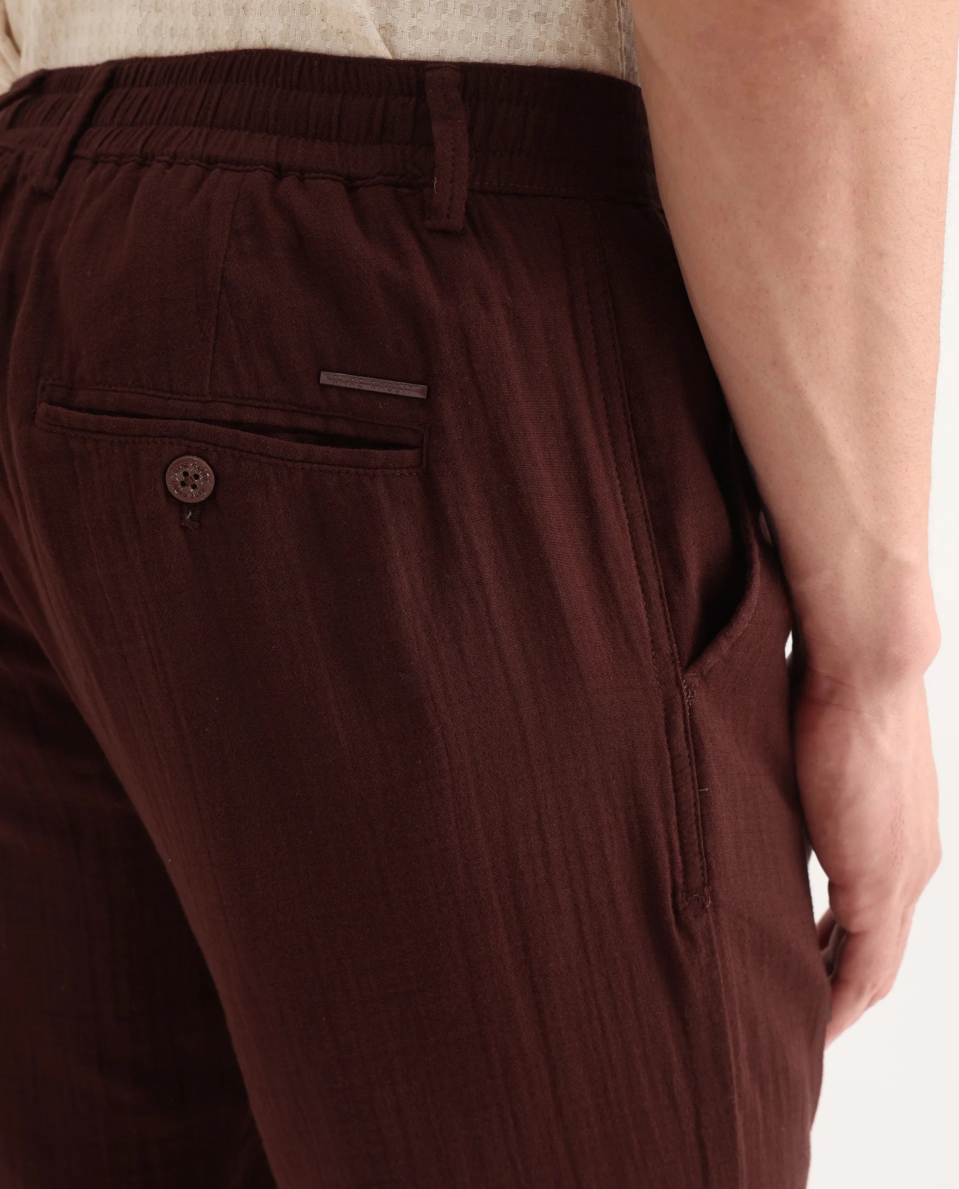 Rare Rabbit Men's Pastor-3 Rust Cotton Plain Regular Fit Trouser