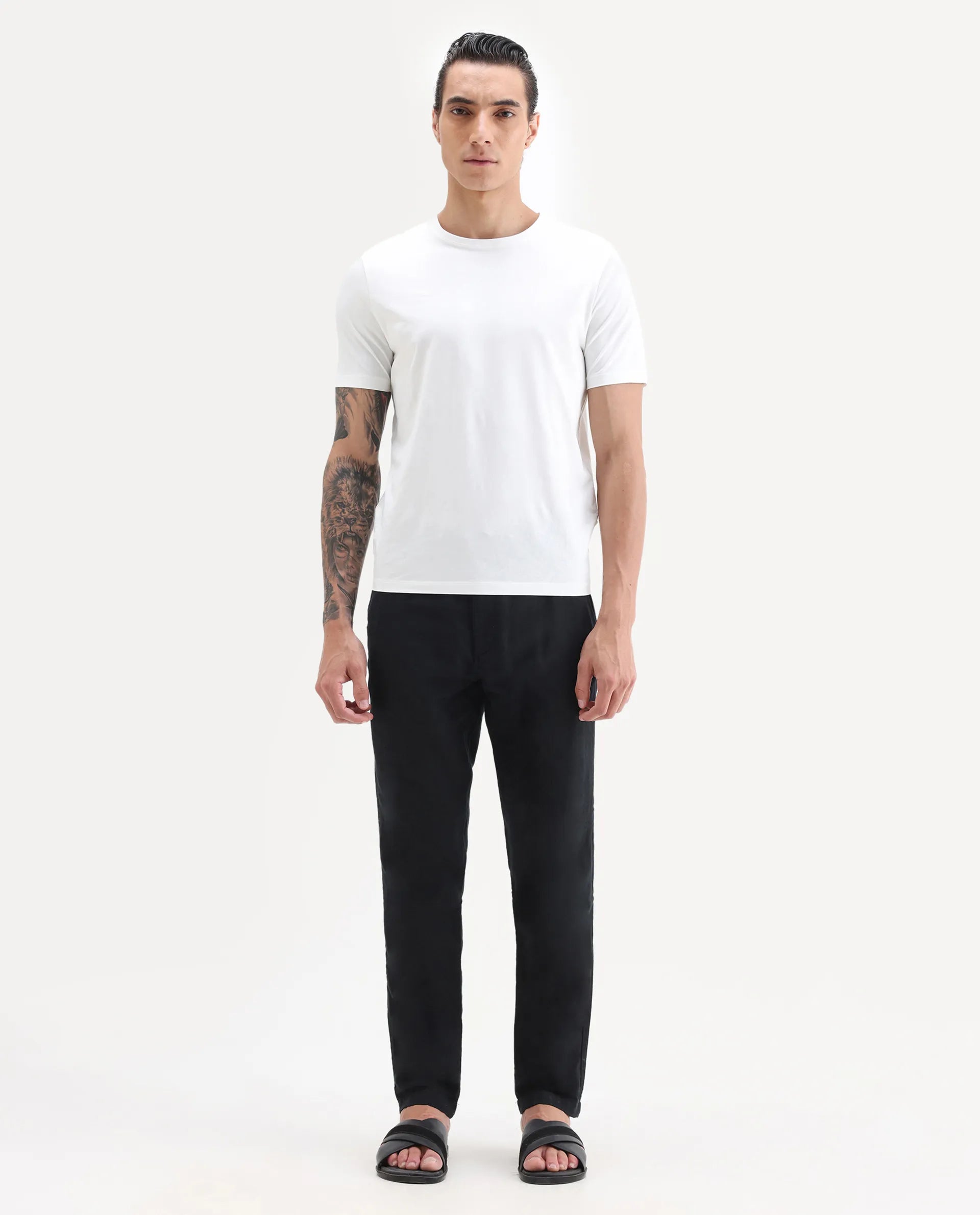 Rare Rabbit Men's Pastor-Aw25 Black Cotton Plain Regular Fit Trouser