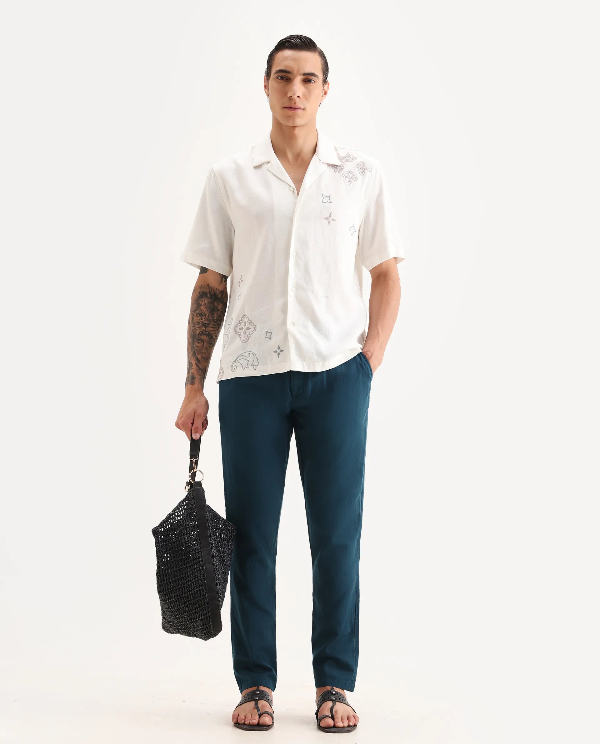 Rare Rabbit Men's Pastor-Aw25 Dark Teal Cotton Plain Regular Fit Trouser