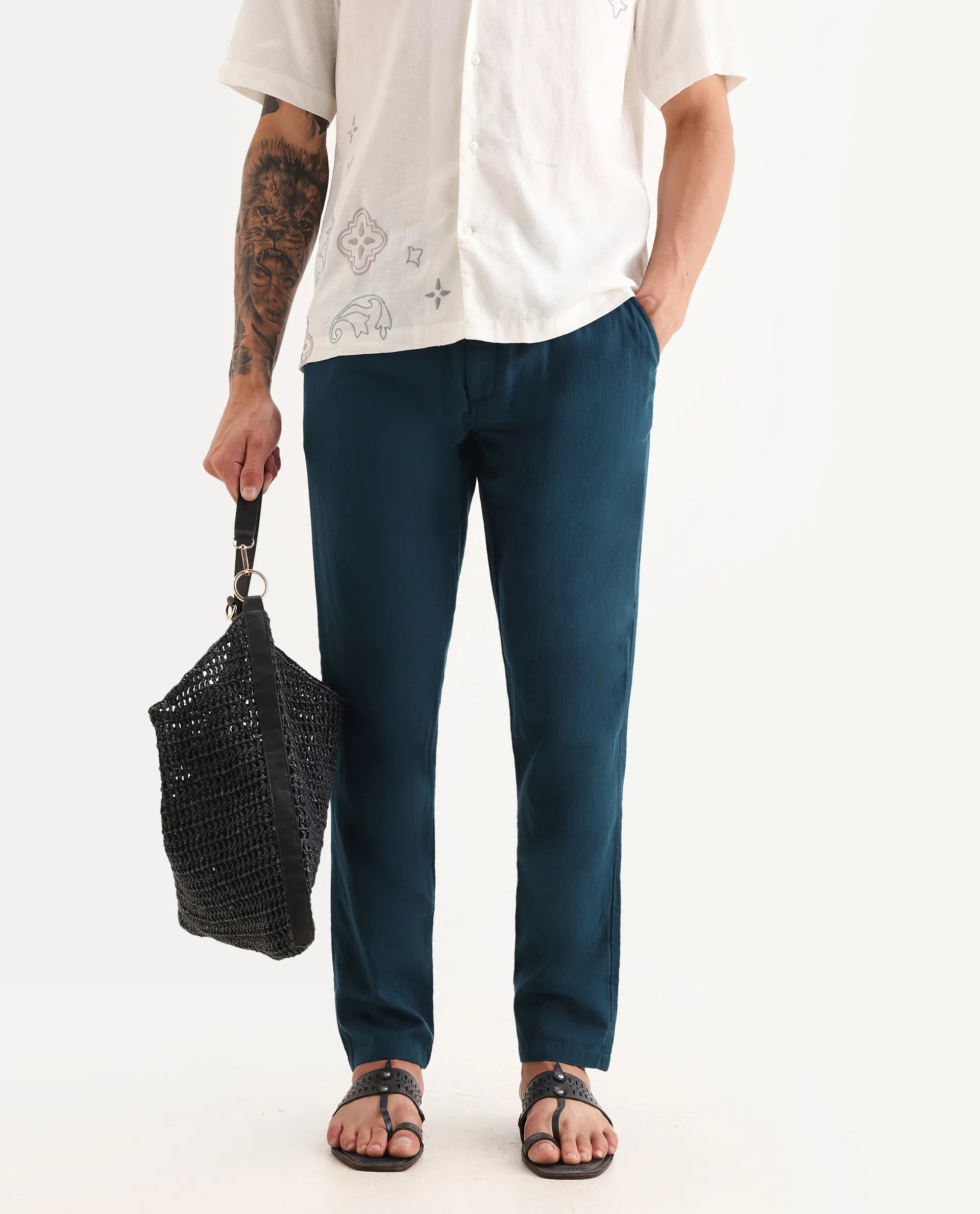 Rare Rabbit Men's Pastor-Aw25 Dark Teal Cotton Plain Regular Fit Trouser