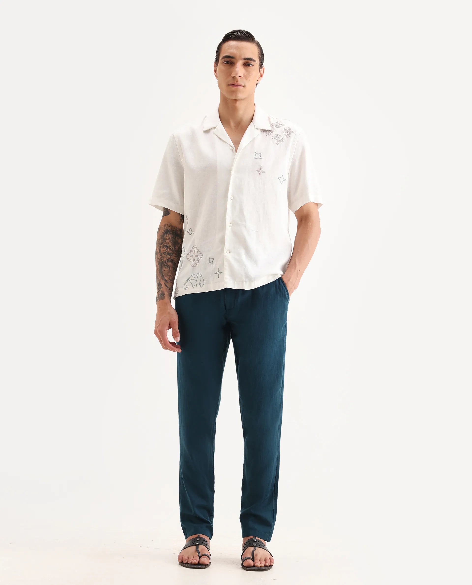 Rare Rabbit Men's Pastor-Aw25 Dark Teal Cotton Plain Regular Fit Trouser