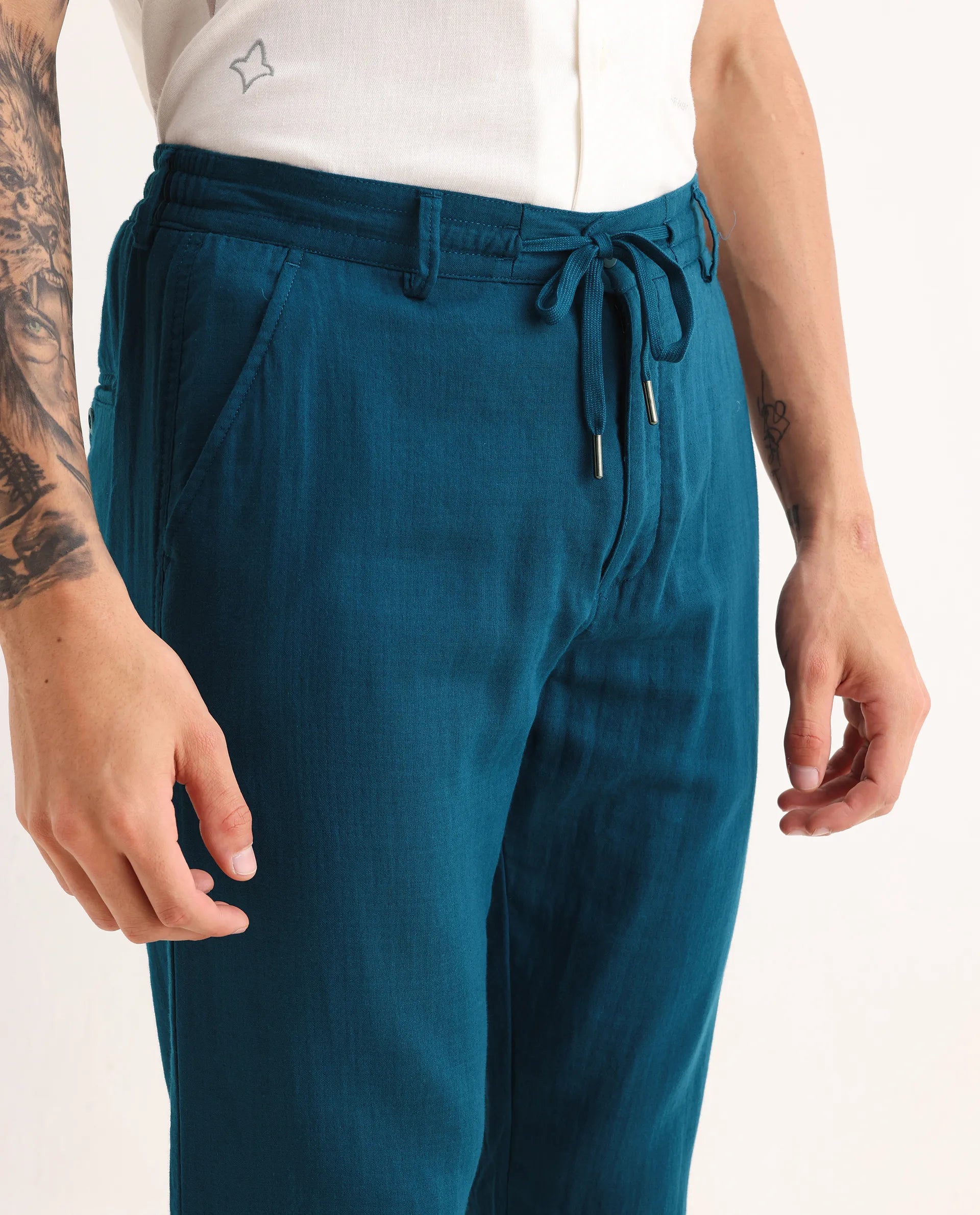 Rare Rabbit Men's Pastor-Aw25 Dark Teal Cotton Plain Regular Fit Trouser