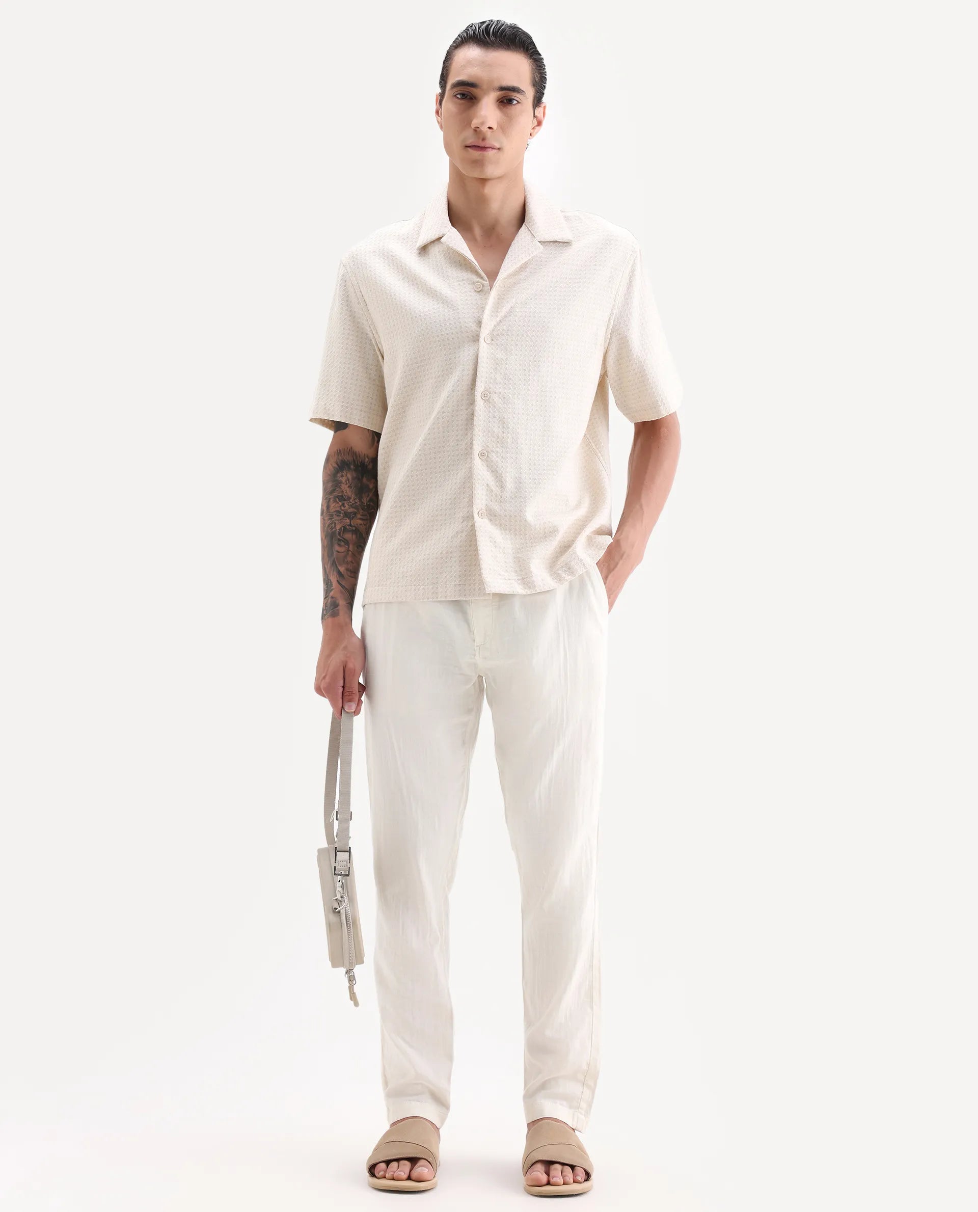 Rare Rabbit Men's Pastor-Aw25 Off White Cotton Plain Regular Fit Trouser