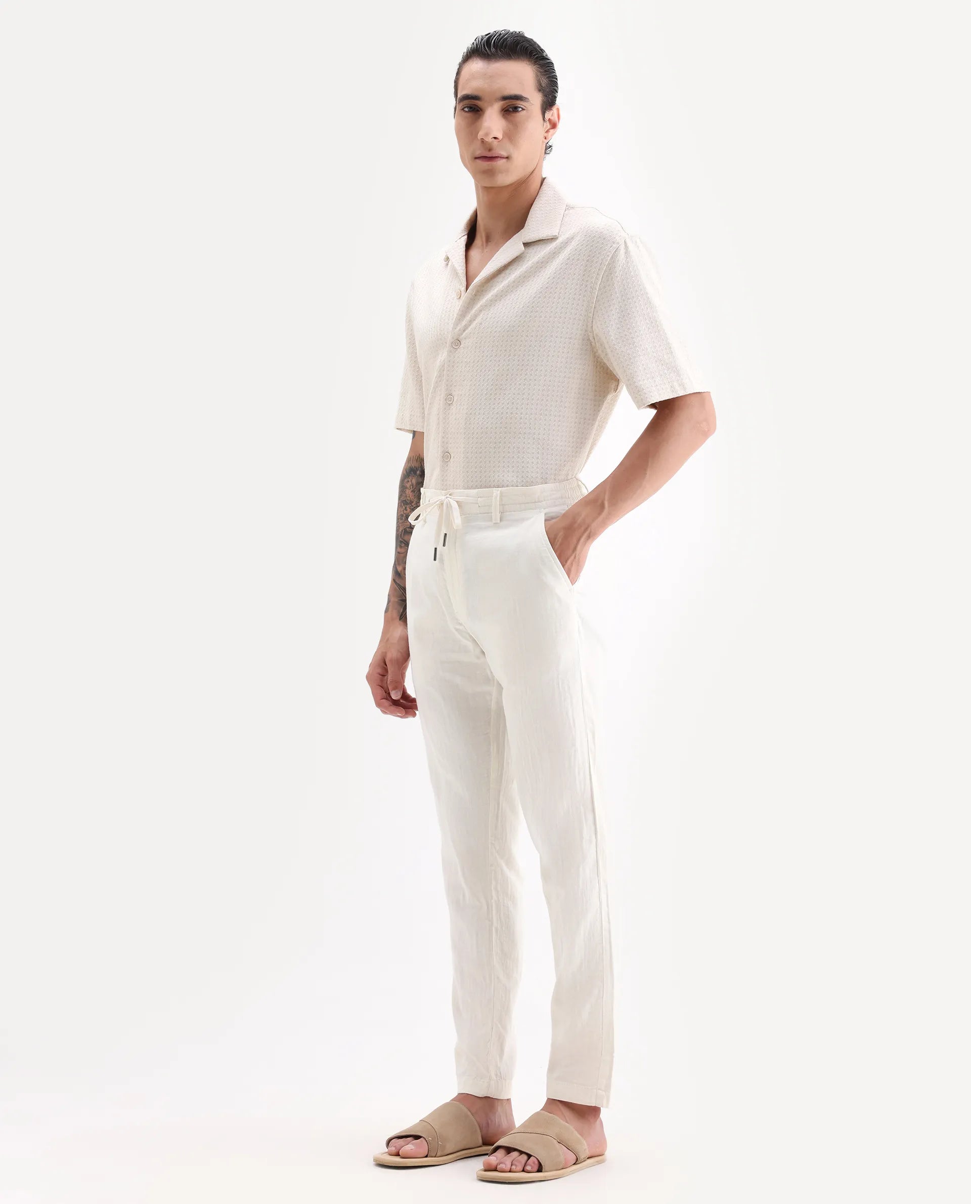 Rare Rabbit Men's Pastor-Aw25 Off White Cotton Plain Regular Fit Trouser