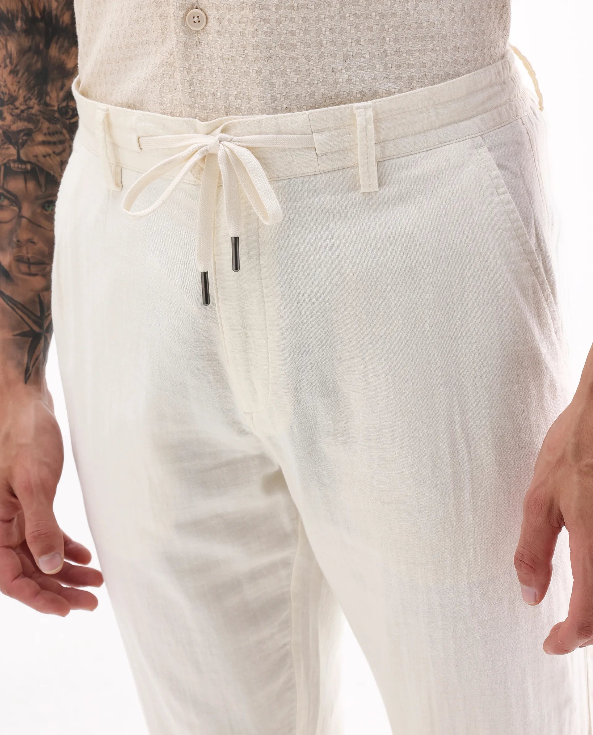 Rare Rabbit Men's Pastor-Aw25 Off White Cotton Plain Regular Fit Trouser