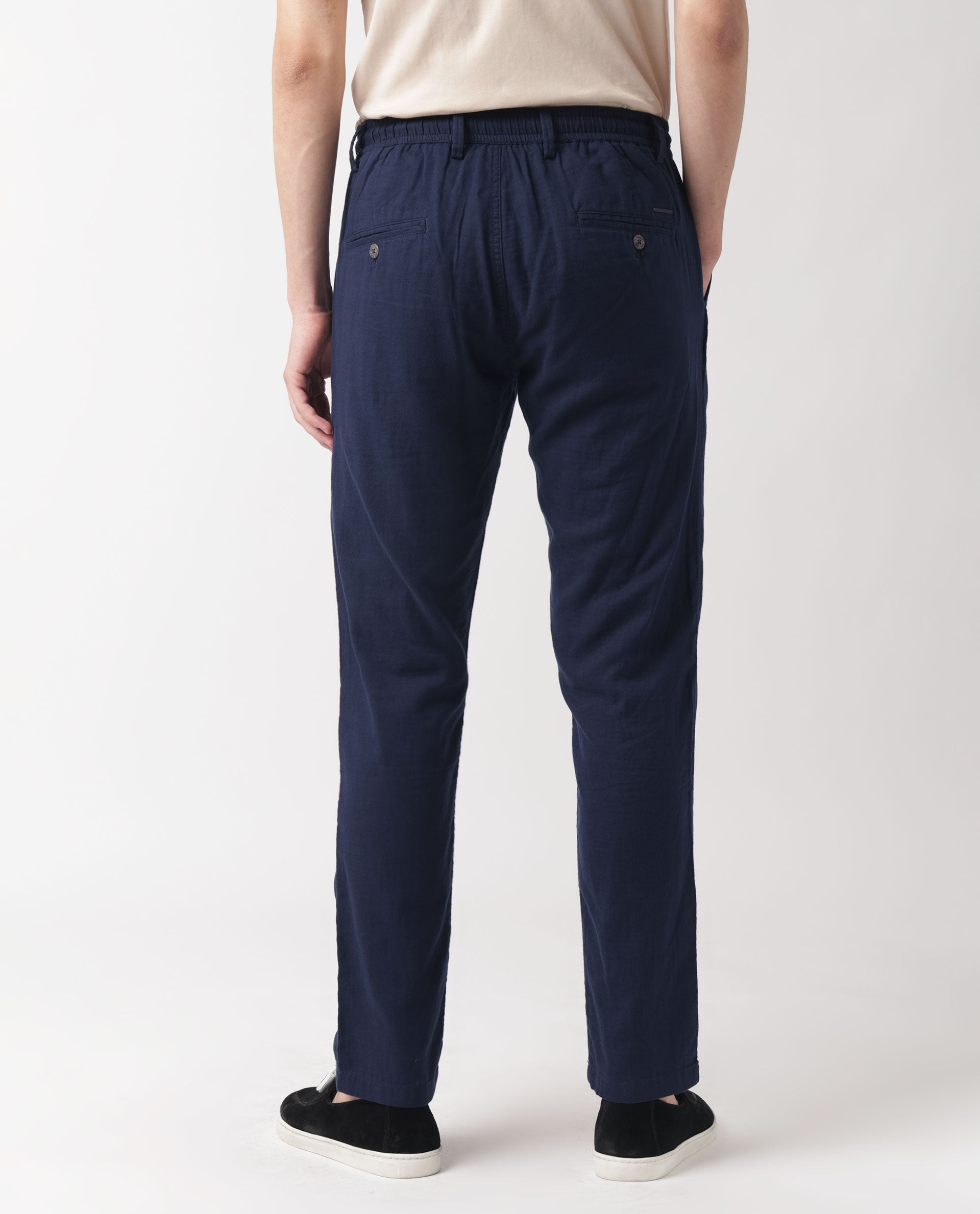Rare Rabbit Men's Pastor Dark Blue Solid Mid-Rise With Drawstring And Elastic Waistband Regular Fit Trouser