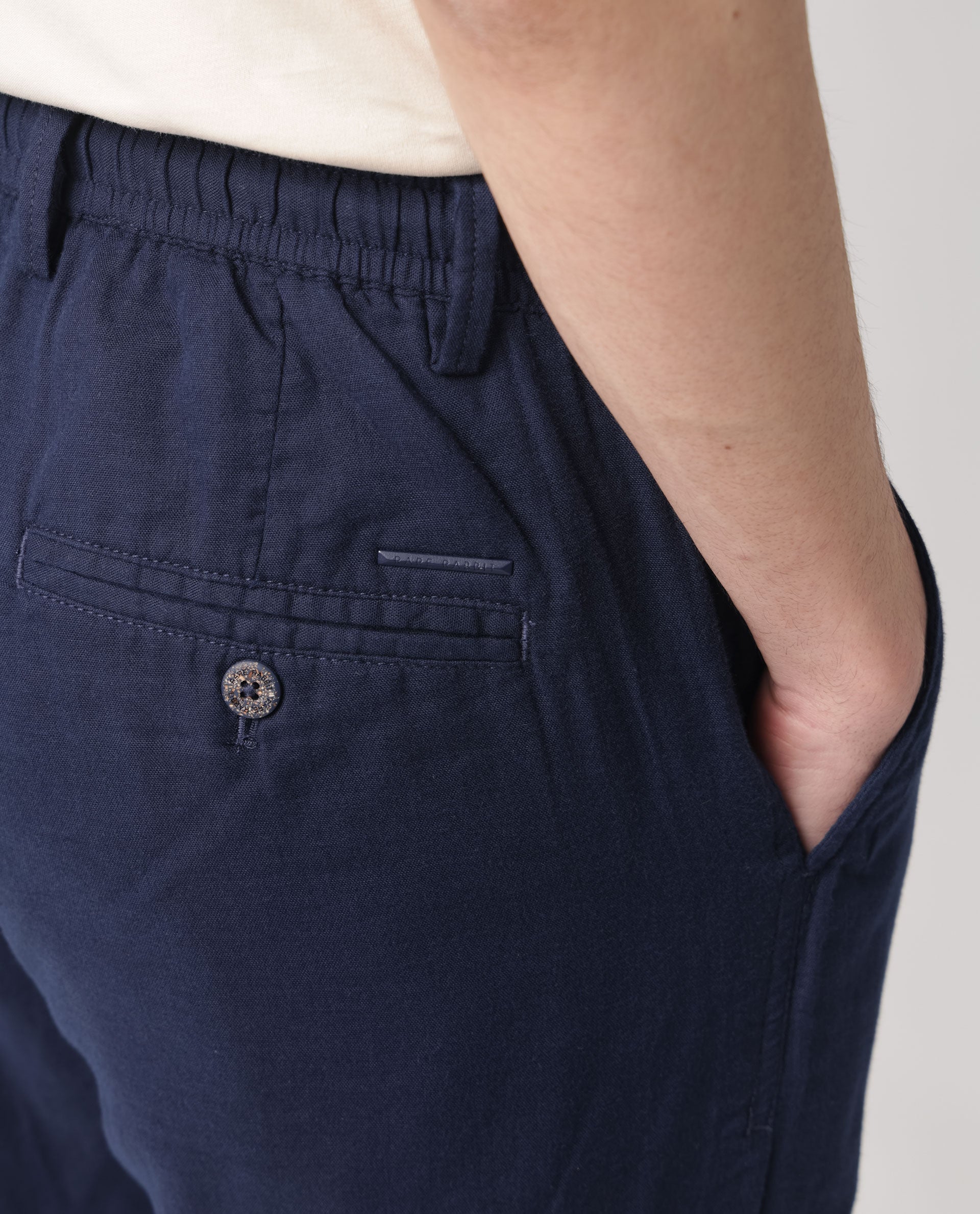 Rare Rabbit Men's Pastor Dark Blue Solid Mid-Rise With Drawstring And Elastic Waistband Regular Fit Trouser