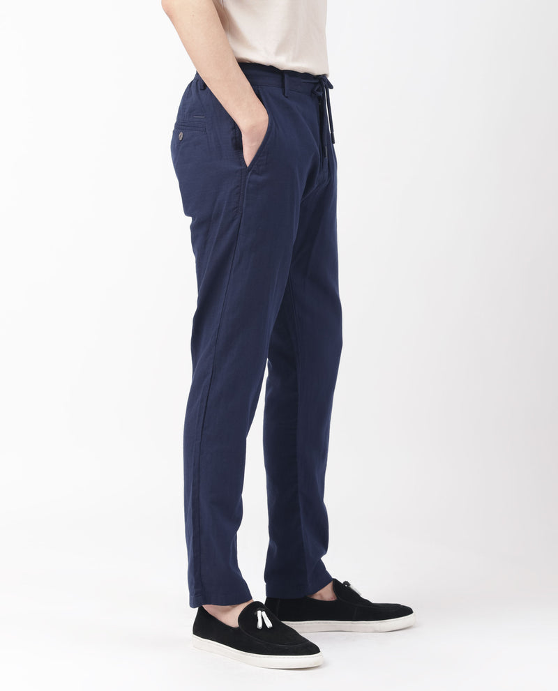 Rare Rabbit Men's Pastor Dark Blue Solid Mid-Rise With Drawstring And Elastic Waistband Regular Fit Trouser