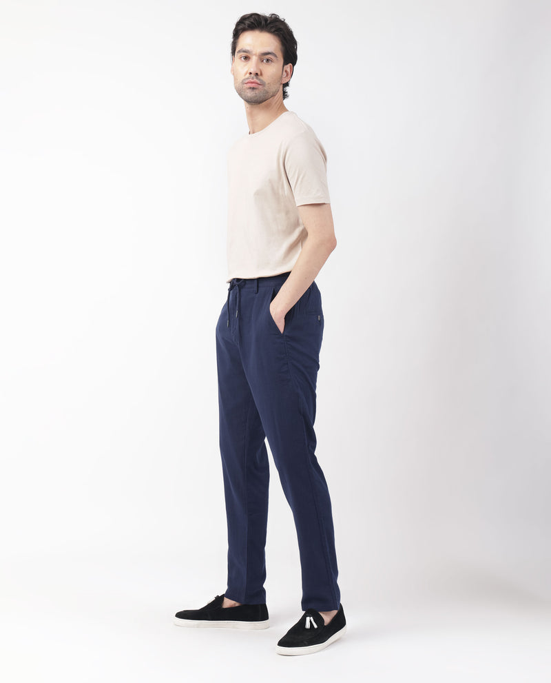 Rare Rabbit Men's Pastor Dark Blue Solid Mid-Rise With Drawstring And Elastic Waistband Regular Fit Trouser