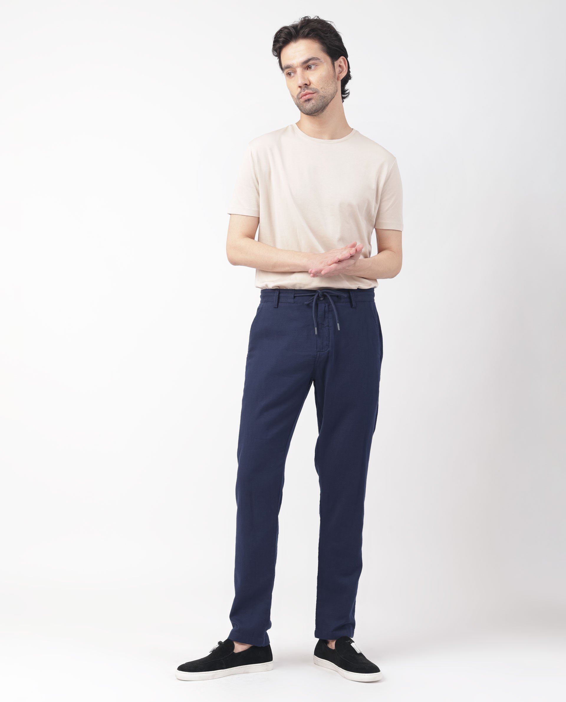 Rare Rabbit Men's Pastor Dark Blue Solid Mid-Rise With Drawstring And Elastic Waistband Regular Fit Trouser